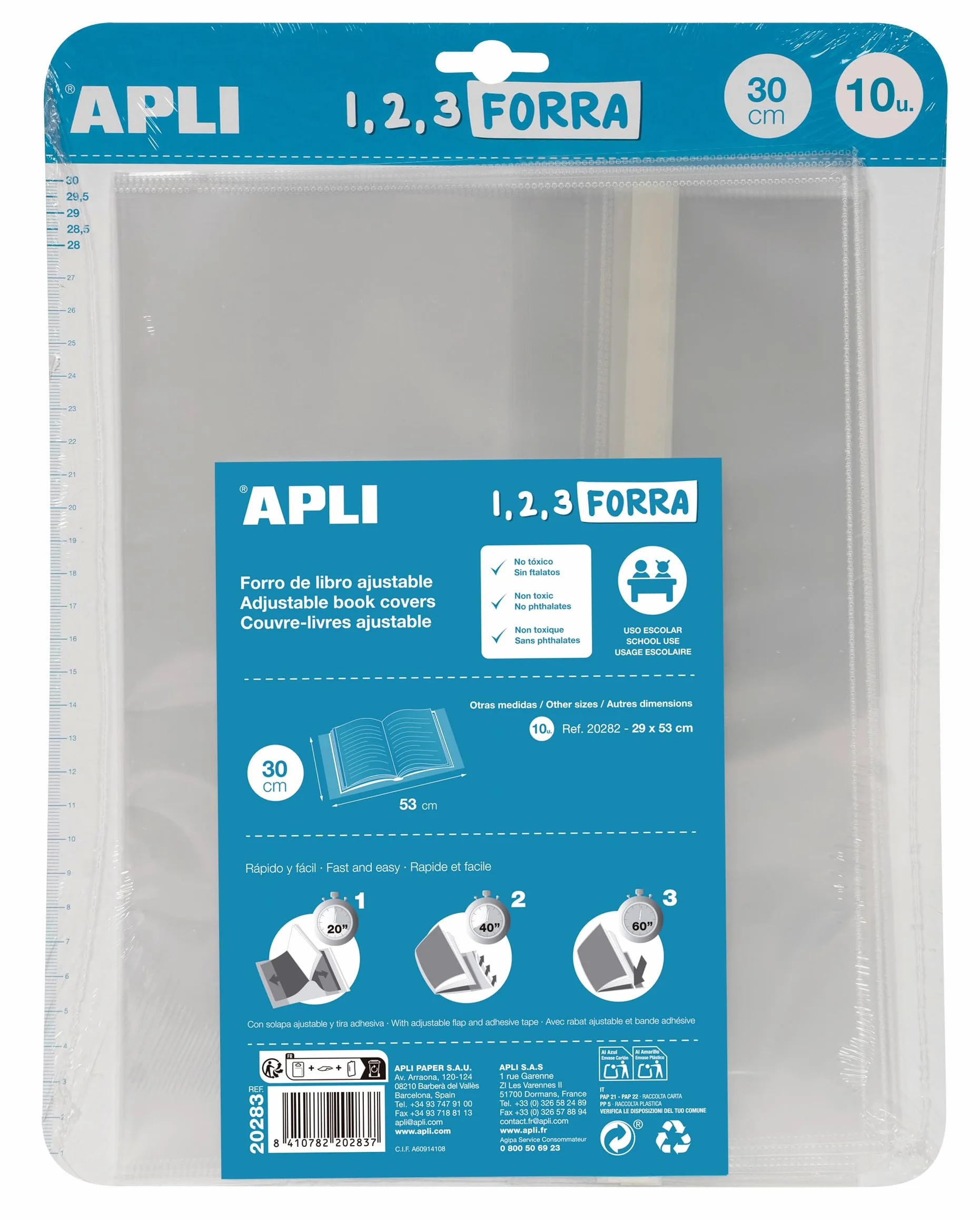 APLI Couvre-livres avec rabat ajustable 30 x 53 cm 75 µ polypropylène transparent Pack de 10