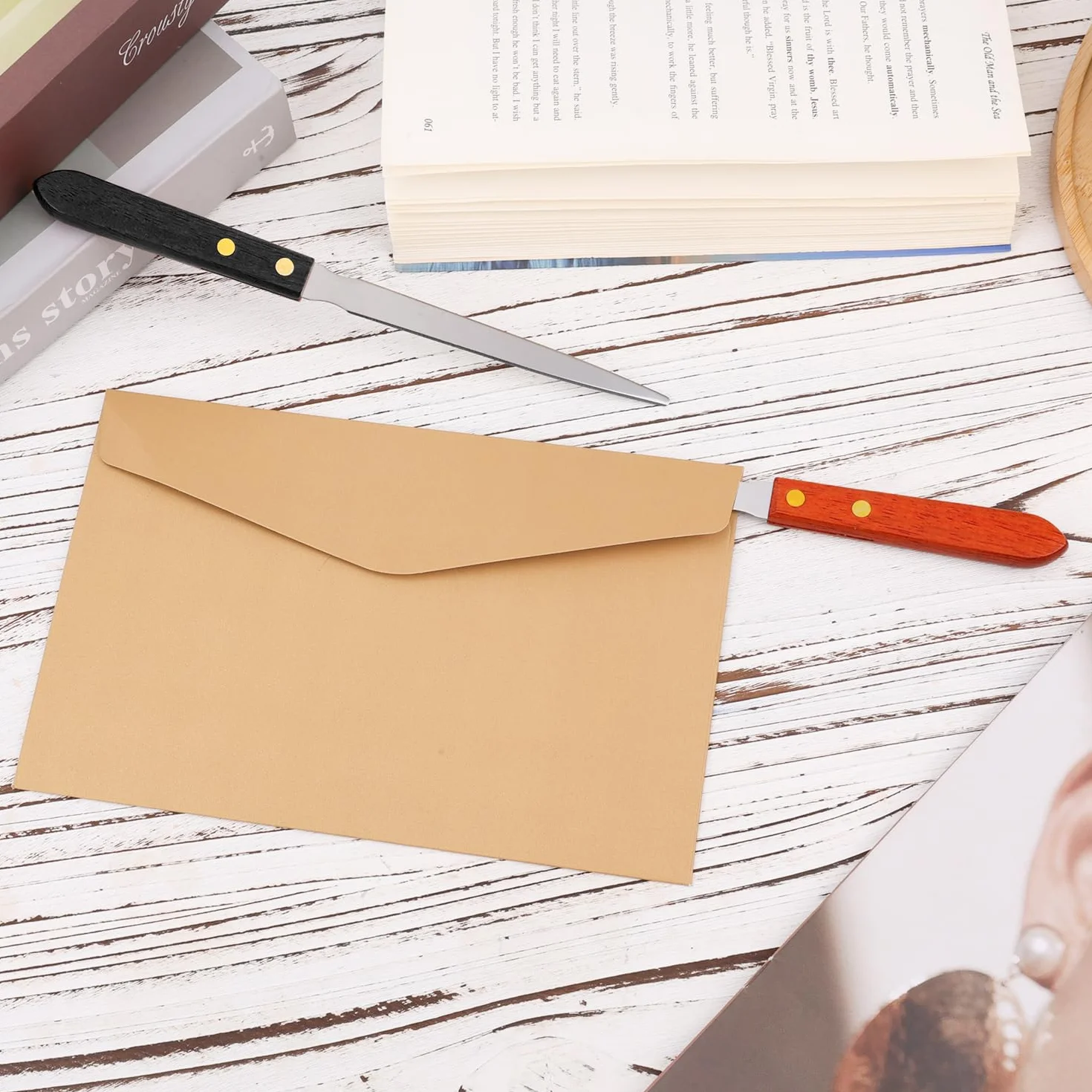 Lot de 2 Ouvre-Lettres en Acier Inoxydable avec Manche en Bois, Ouvre-Enveloppes Multifonctions