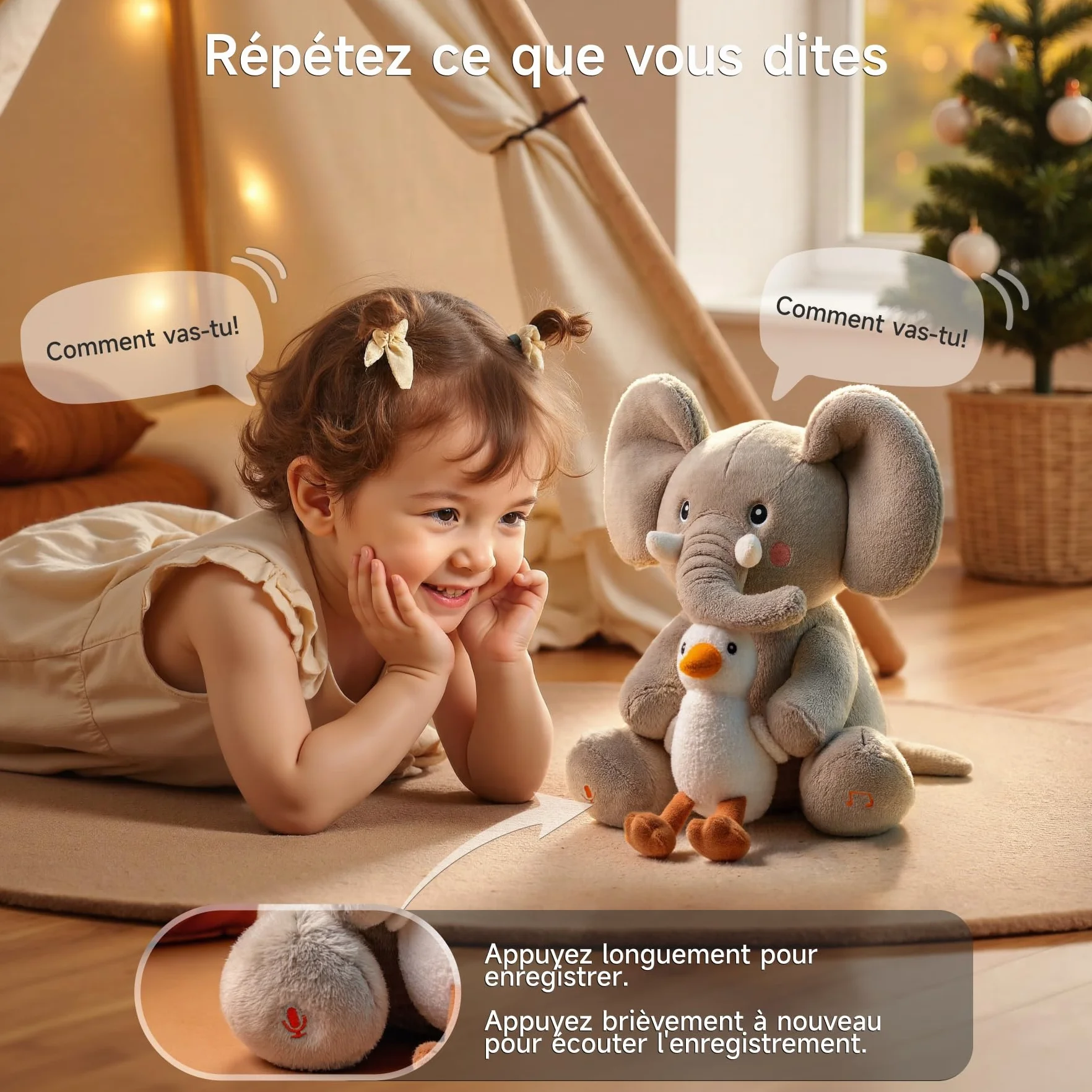 Peluche Animal Dansante et Repetante pour Bebe, Jouet Musical Interactif avec Enregistrement, Elephant Parlant, Jeux Animaux avec 6 Chansons