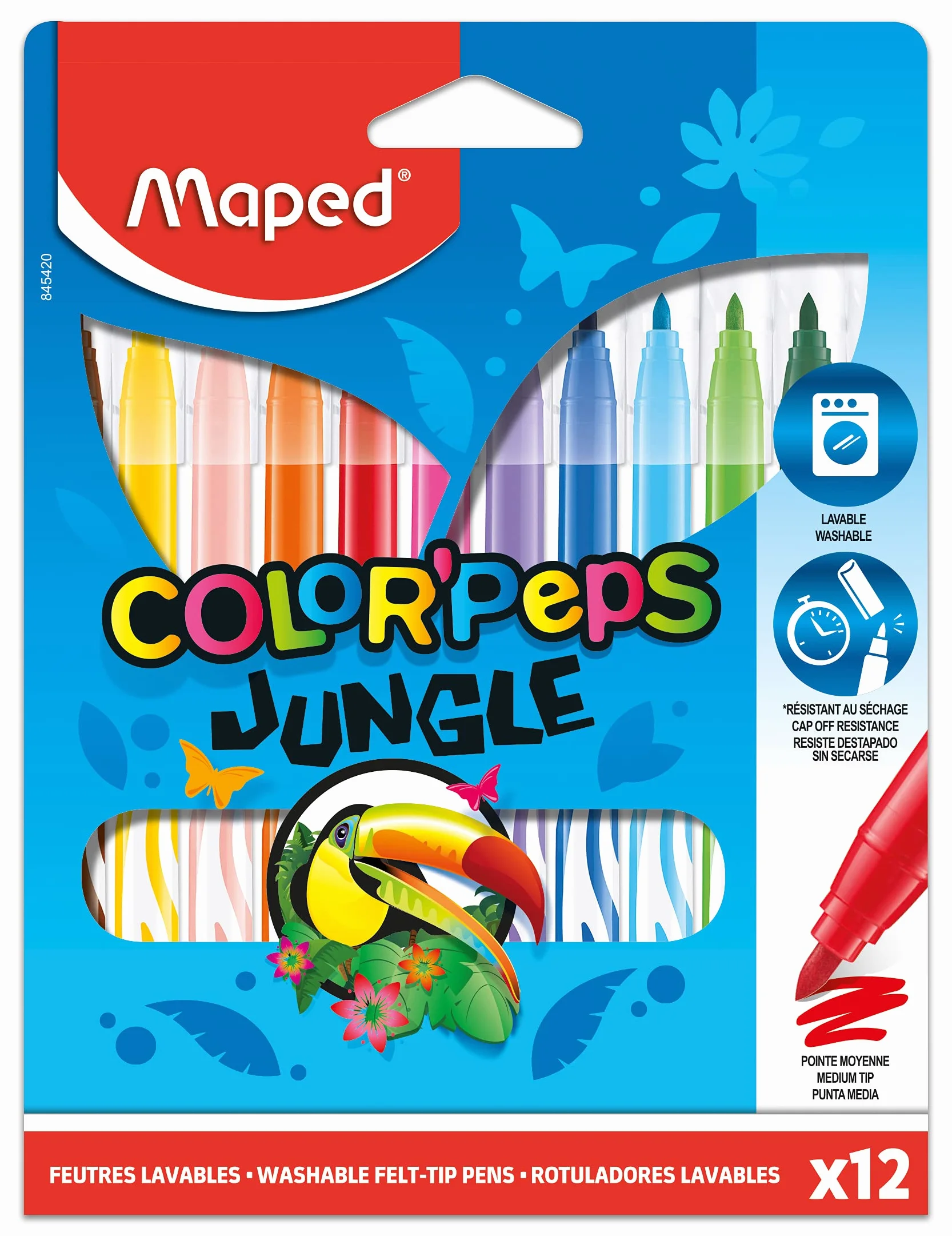 Maped Feutres Jungle Color’Peps 12 Feutres de Coloriage Lavables Pointe Moyenne Bloquée Couleurs Vives Pochette Carton