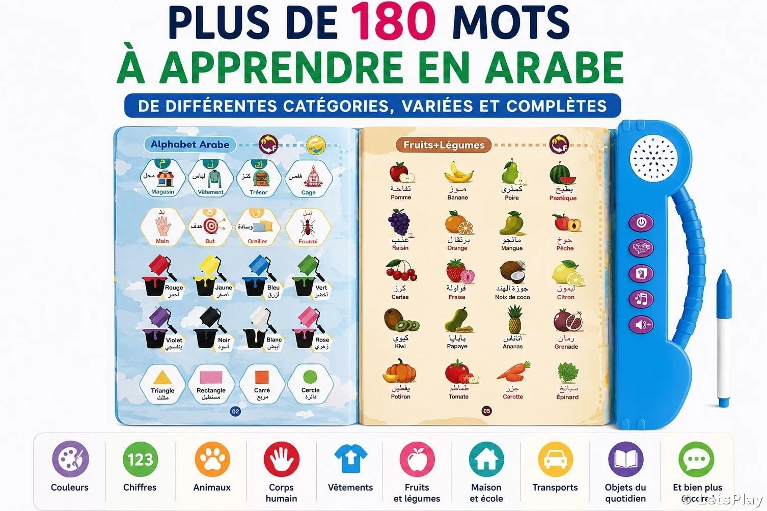 LetsPlay Livre Sonore Arabe Français Alphabet 180+ Mots Jouet Éducatif Enfant 3-8 Ans