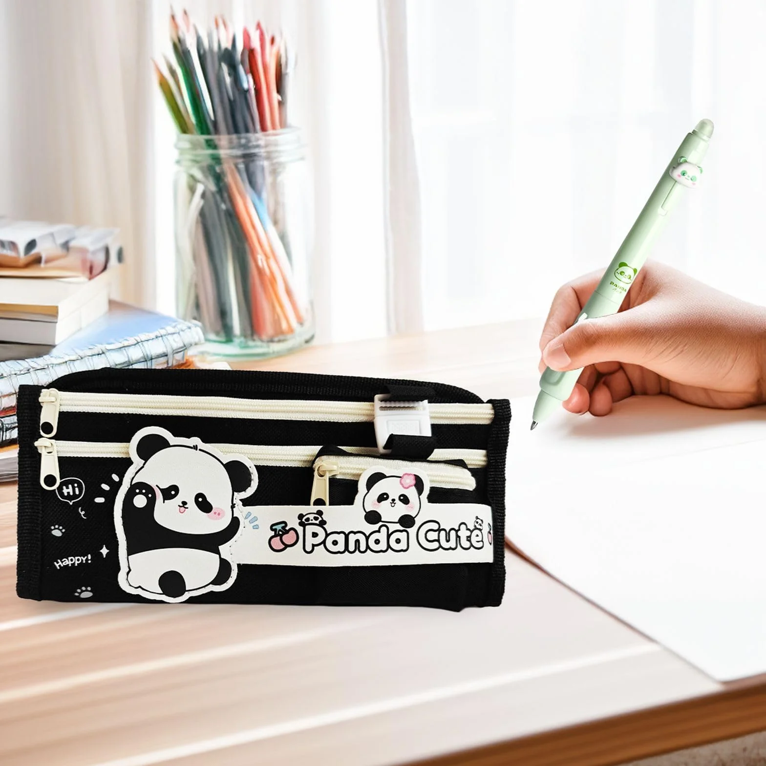 Trousse Scolaire Panda Kawaii Grande Capacité Plusieurs Compartiments Noir