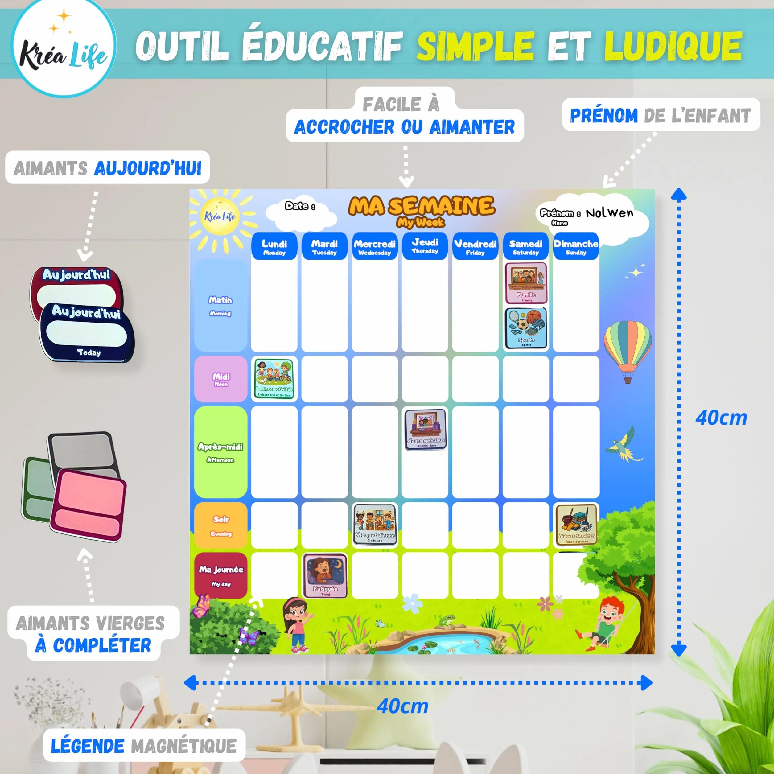 KréaLife® Planning Semaine Enfant Tableau Magnétique 40x40 cm +220 Aimants Colorés Éducatif Bilingue FR/EN