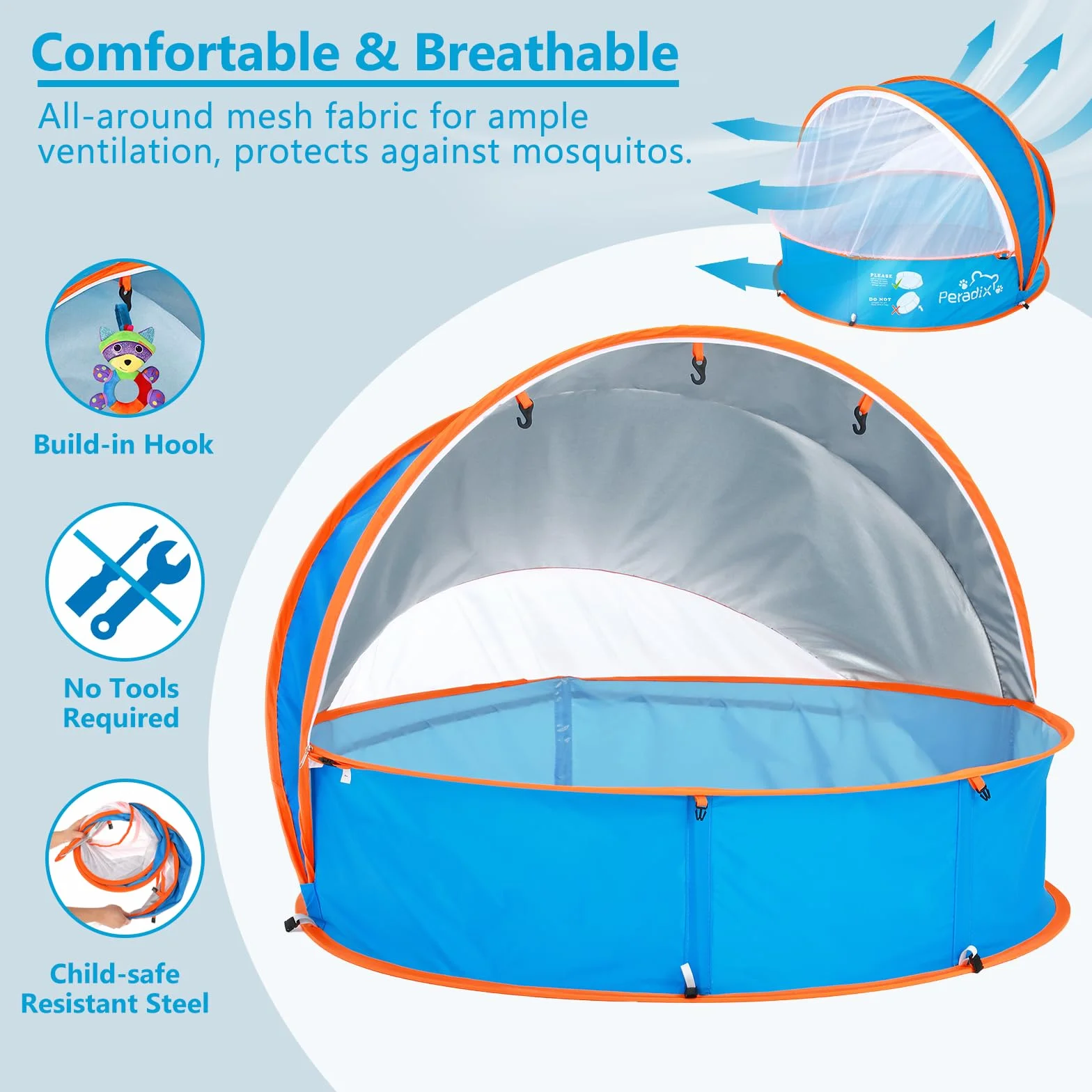 Peradix Splash Pool tente de plage 4 en 1 pour bébé avec abri solaire UV auvent moustiquaire pop-up portable