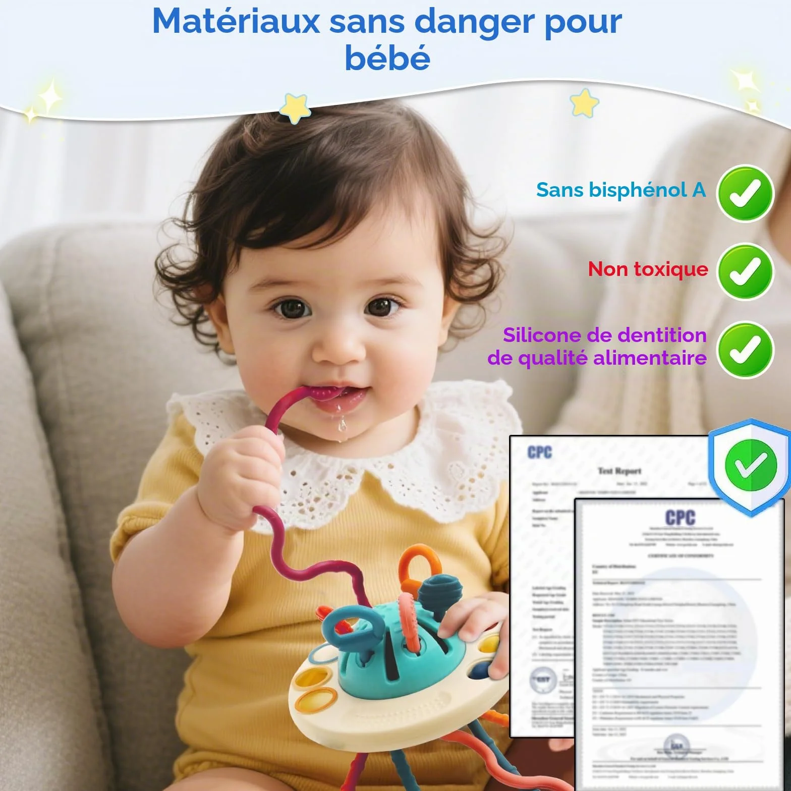 Jouet Sensoriel Montessori Bébé 1 an, Jouet à Tirer OVNI Éducatif Motricité Fine