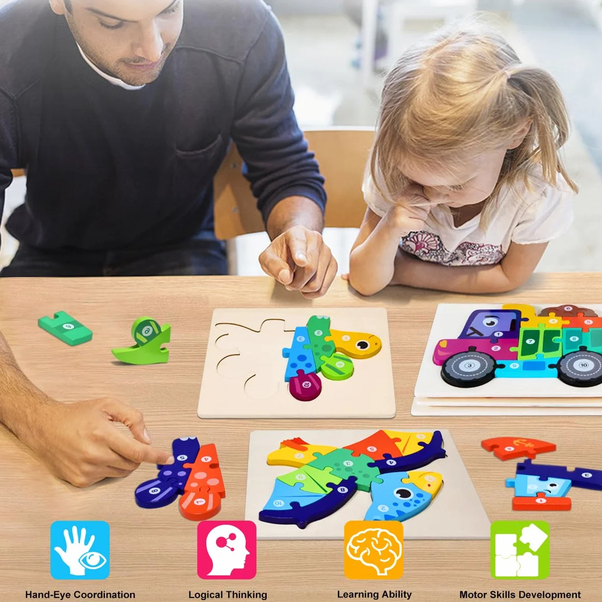 Puzzles en bois Montessori pour enfants 2-4 ans, 4 pièces, cadeau garçons filles dinosaure bateau