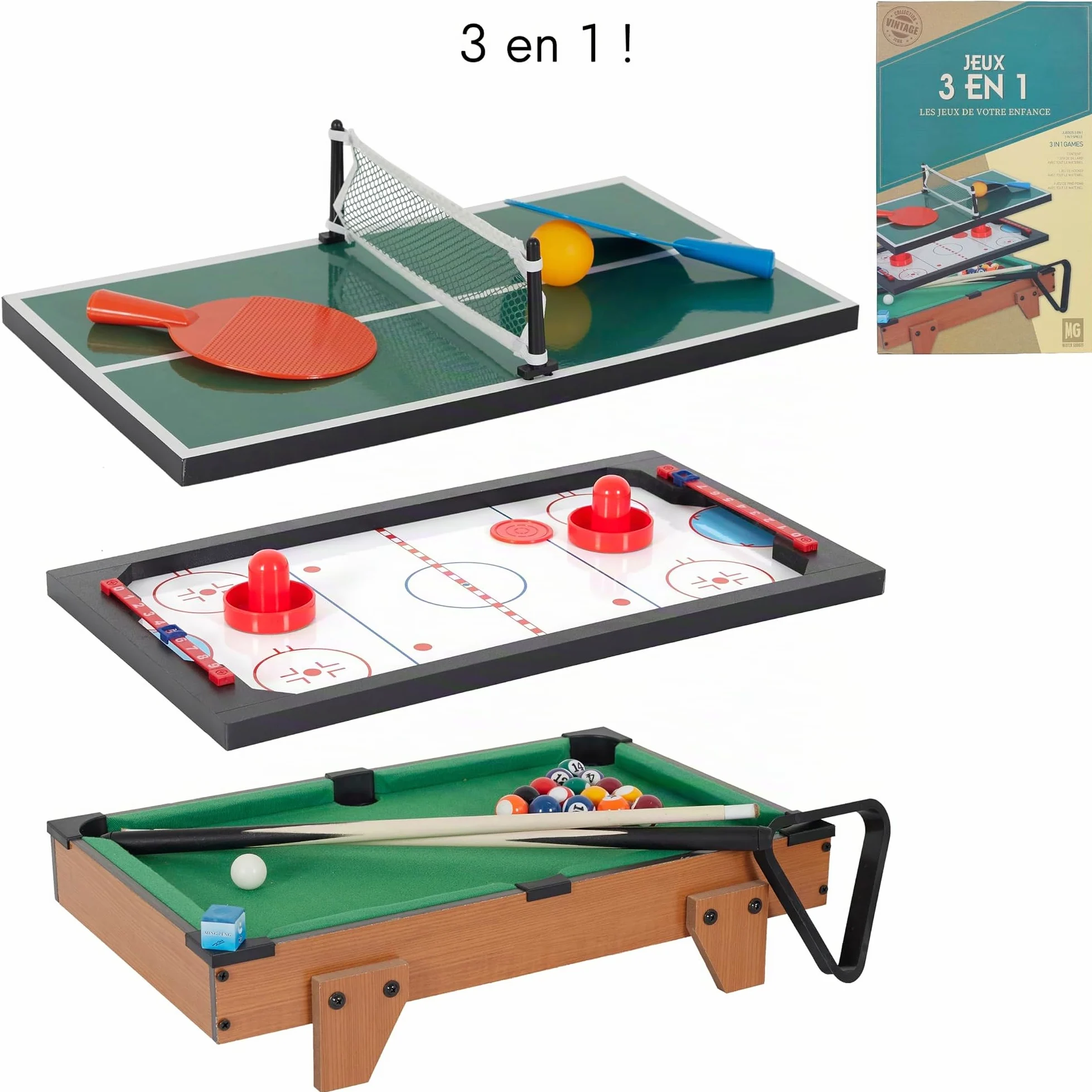 MISTER GADGET Table de Jeu 3 en 1 Billard Ping-Pong Hockey 51 cm Marron | Plastique ABS, table de jeu 3 en 1, billard ping-pong et hockey, 51 cm, soirées, marron et vert
