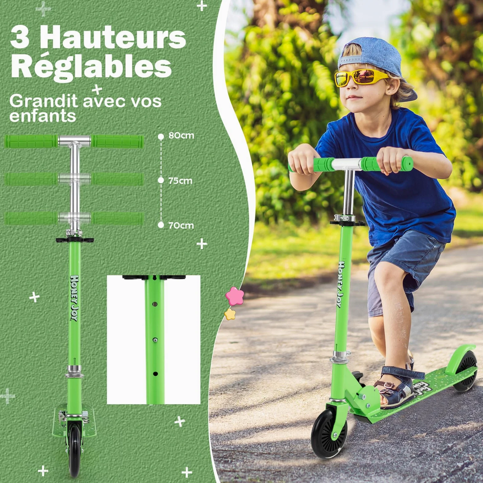 COSTWAY Trottinette Enfant Pliable avec Roulements ABEC-5 & 3 Hauteurs Réglables, Trottinette Pro Enfants avec 2 Roues de 120mm, Pont Elargi, Charge 50kg pour Enfants de 3 Ans+