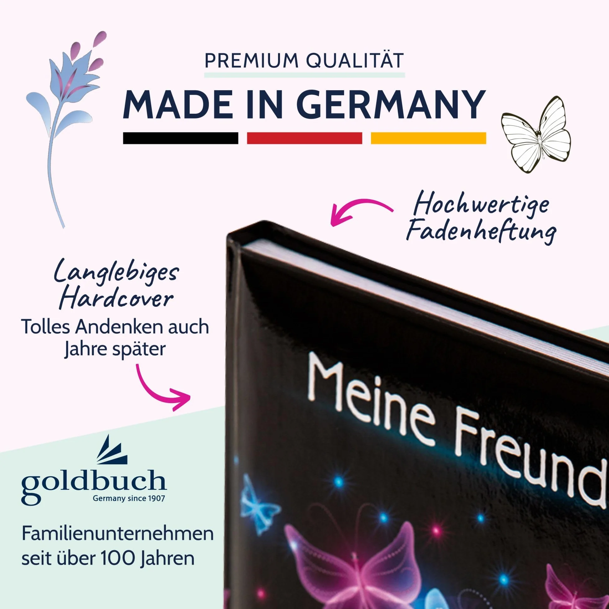 Goldbuch Livre d'amitié A5 88 pages Motif papillon Noir/rose/bleu