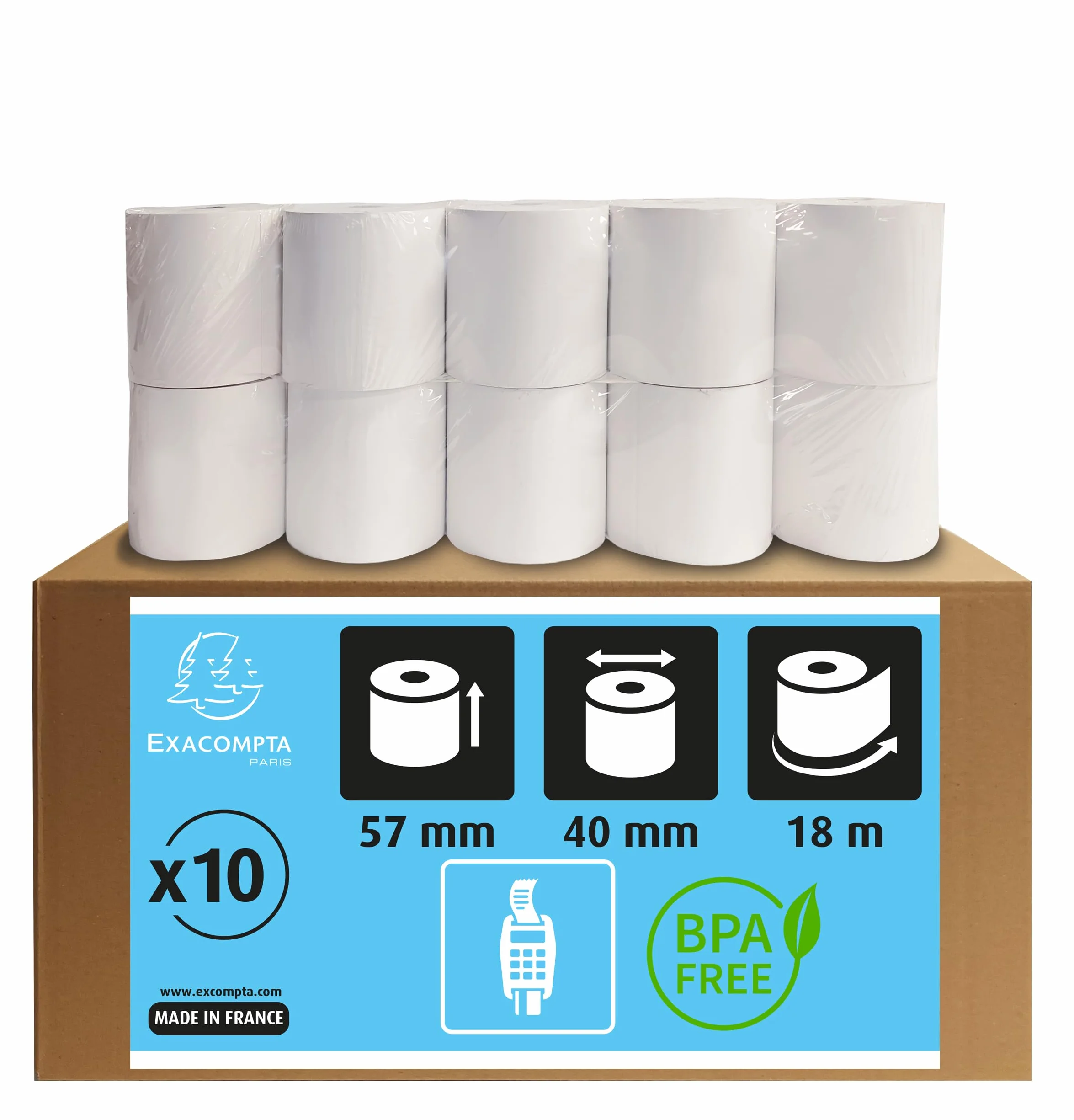 Exacompta Bobines pour tickets de carte bancaire 57 mm x 40 mm thermique 55g/m² 18 m Blanc