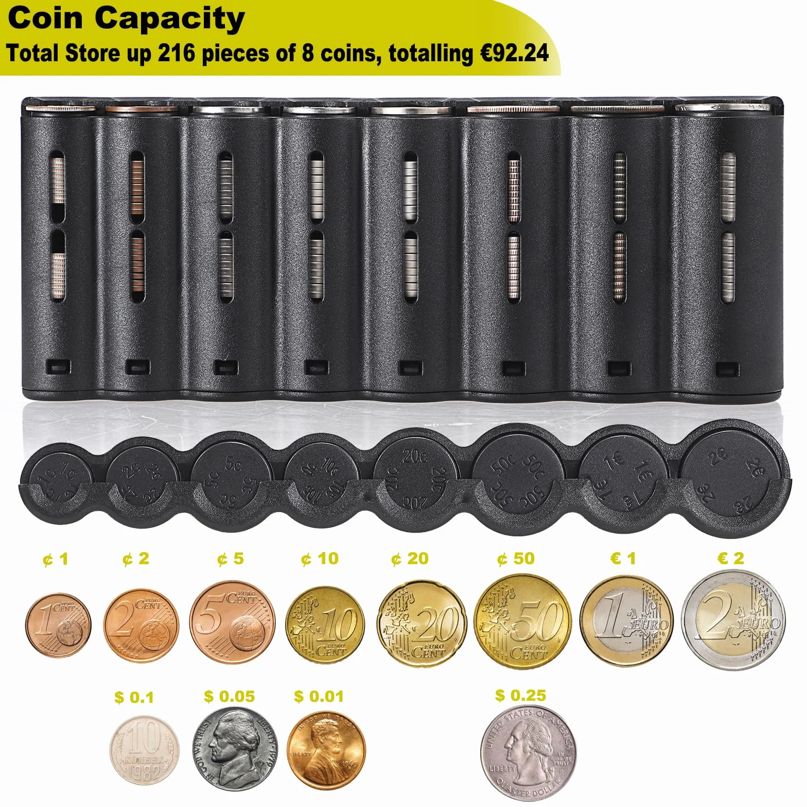 Porte-Monnaie Euro Sac de Rangement de Pièces avec Ceinture de Transport Noir