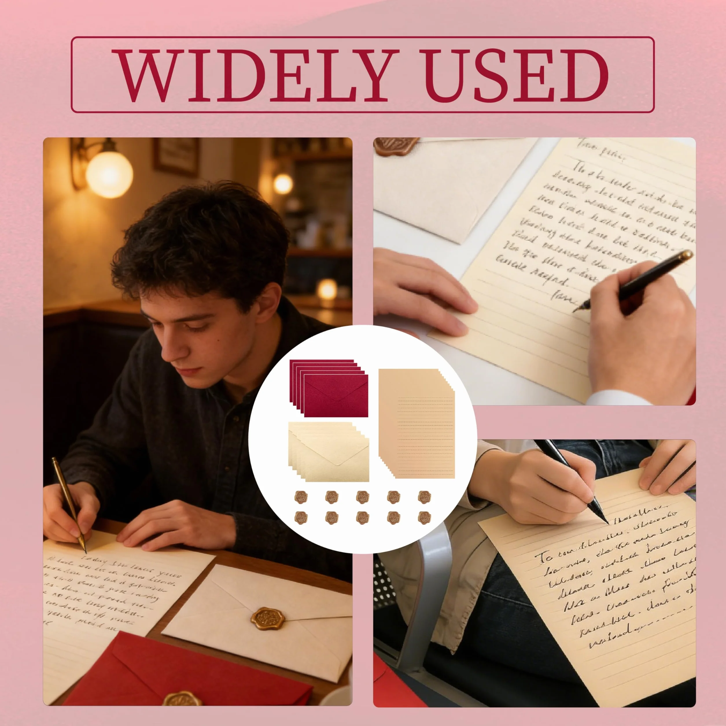 Ensemble Papier à Lettre Vintage, 5 Enveloppes Beiges, 5 Rouges, 30 Feuilles, 10 Autocollants Cire