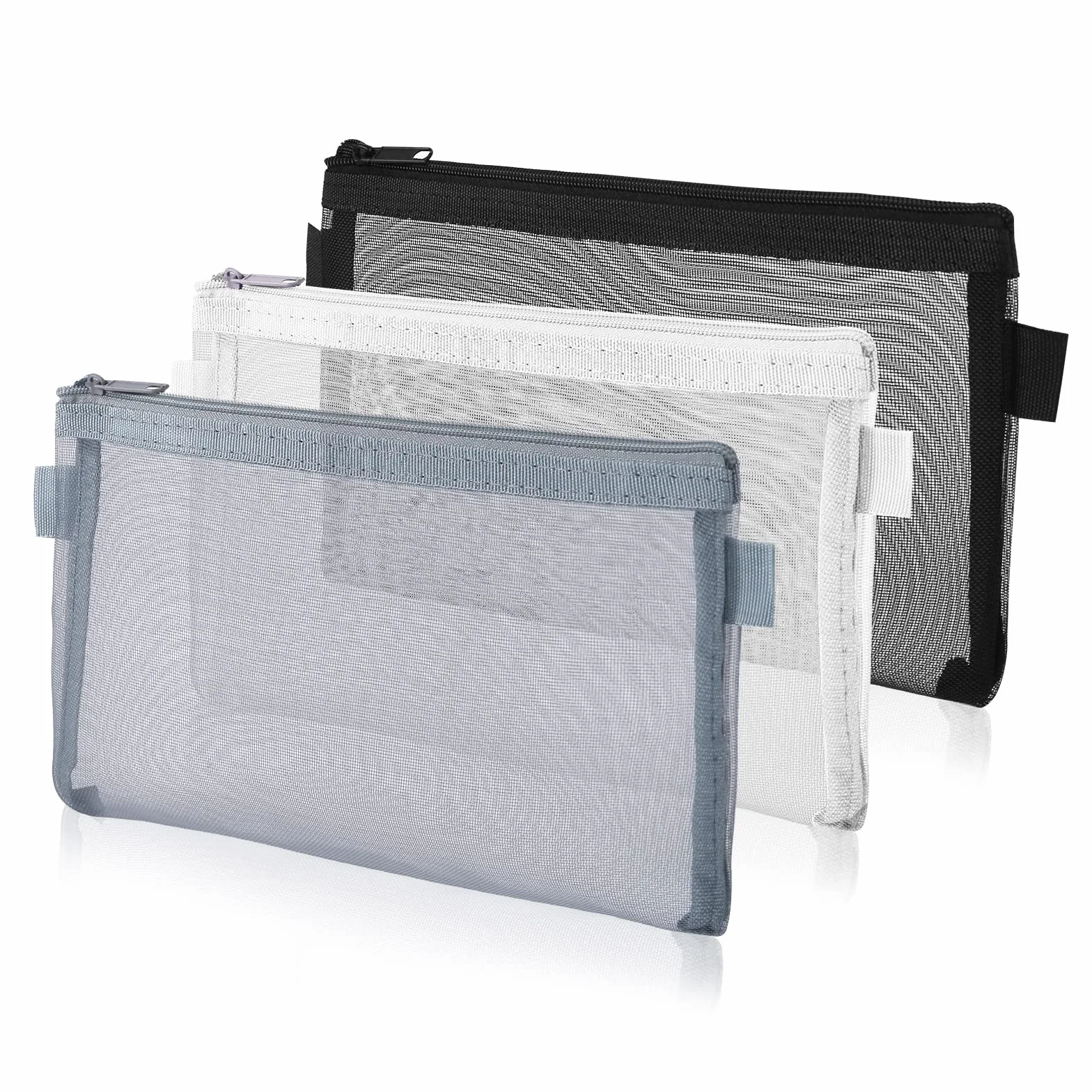 Trousse à Crayons Transparente Lot de 3 Nylon Pochette Zippée Maquillage Fournitures Scolaires Bureau Noir Blanc Gris