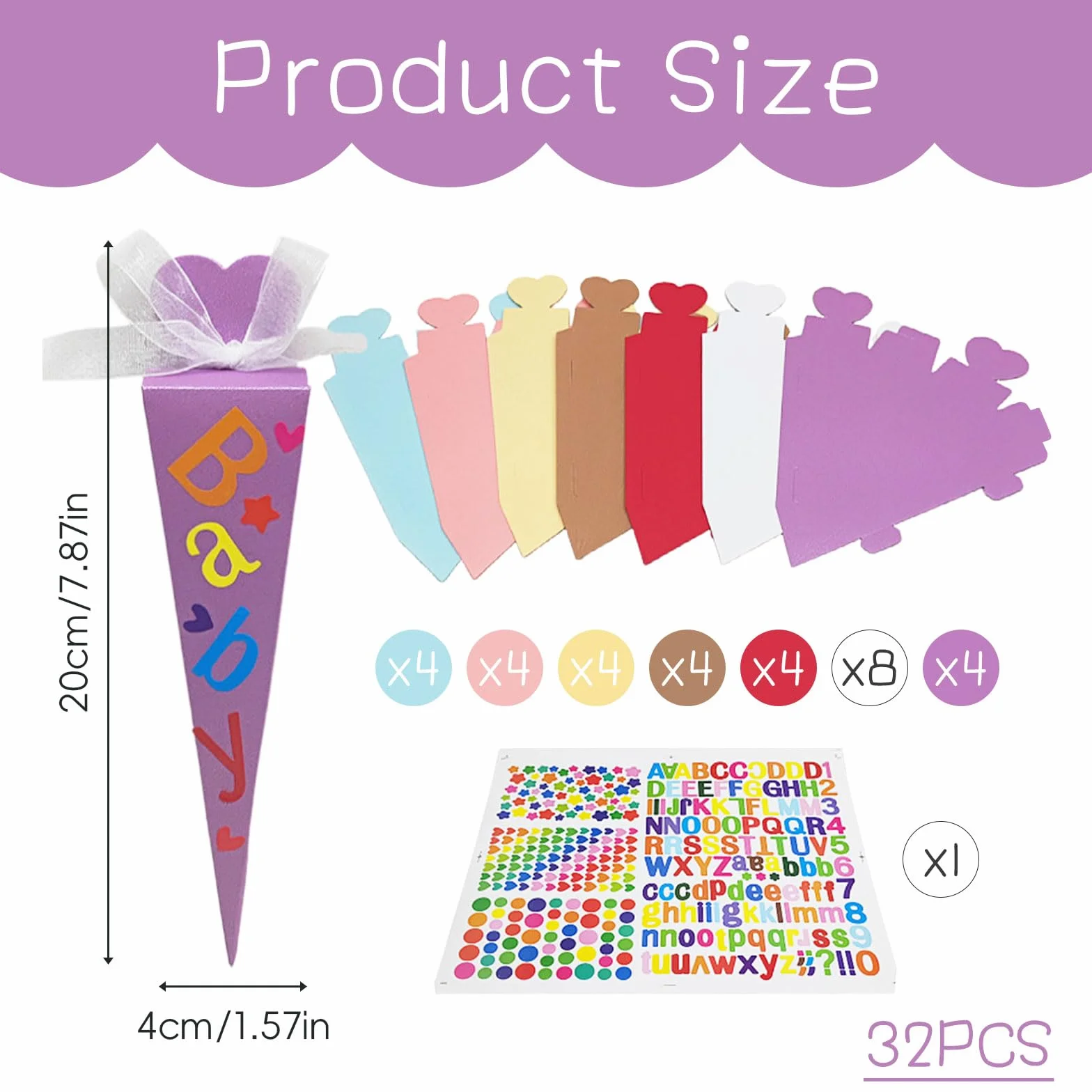 Pack de 32 Petits cônes d'école, Sacs Cadeaux décoratifs, Cornets de Sucre pour travaux manuels