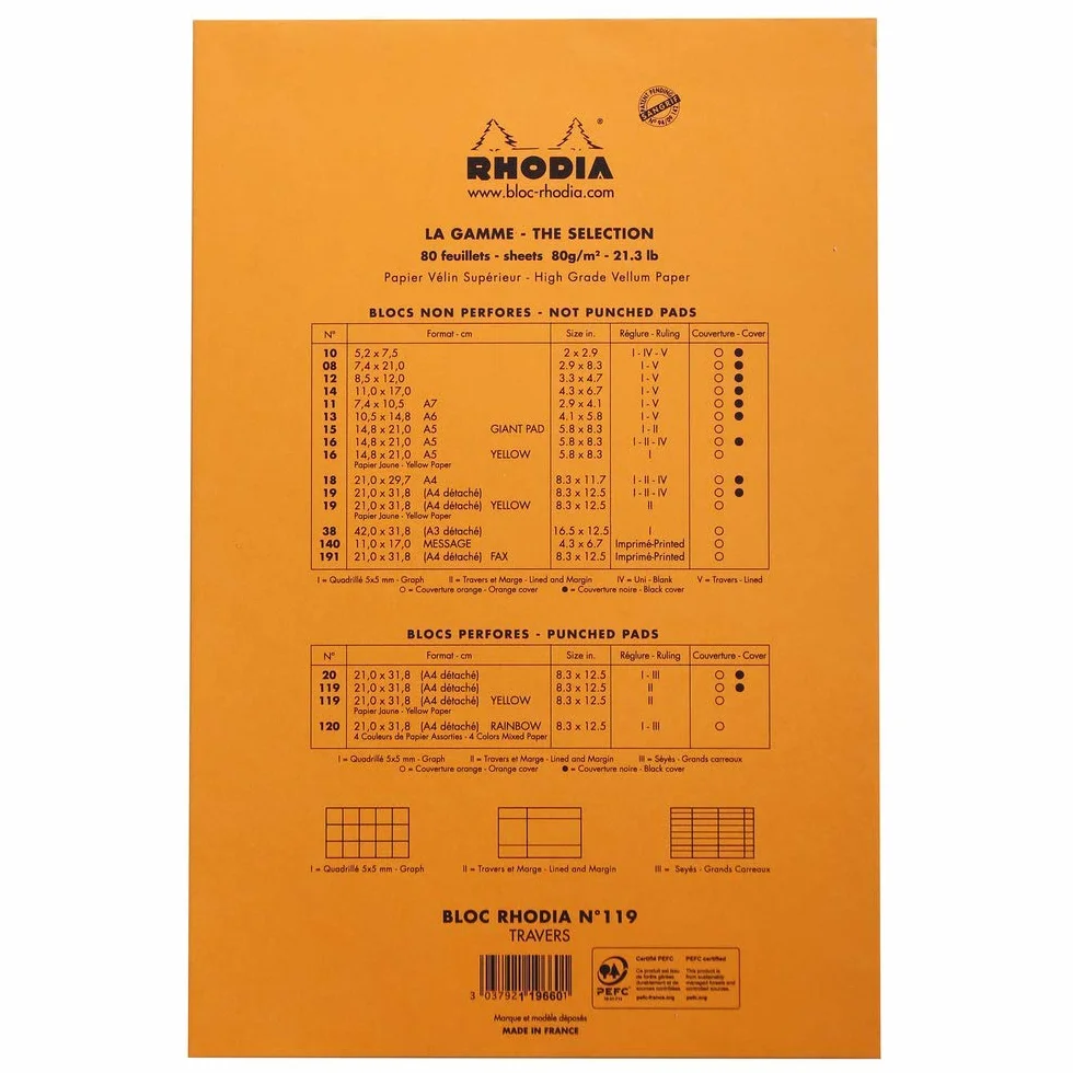 Bloc N°119 orange 210x318 A4 80 feuilles 80 g/m² ligné marge perforation 4 trous