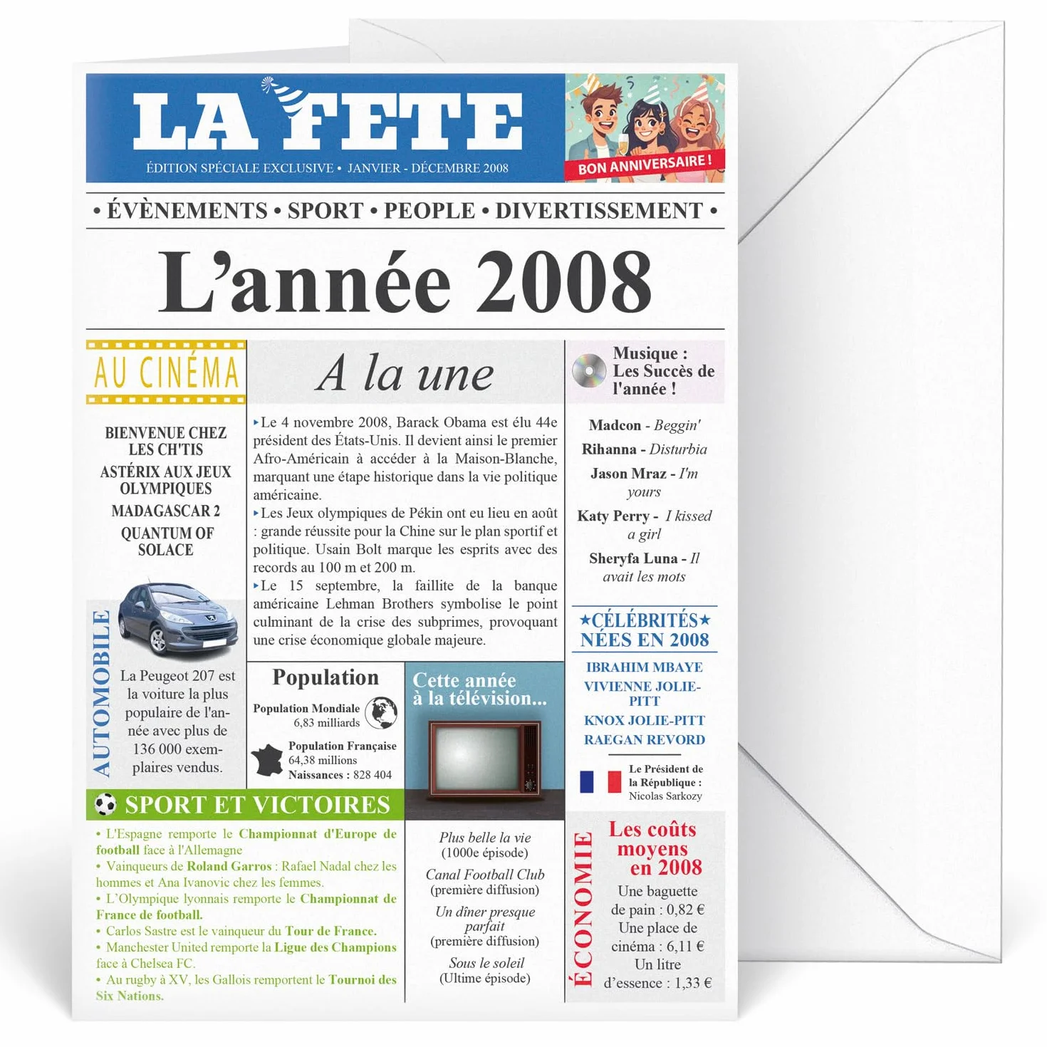 Carte Anniversaire 18 Ans Design Original Journal Année 2008 Format A5 Avec Enveloppe