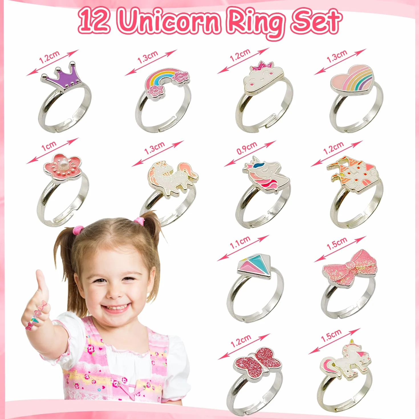 Bagues Enfants Filles Licorne Princesse Anneaux Réglables avec Boîte Coeur 12 Pièces