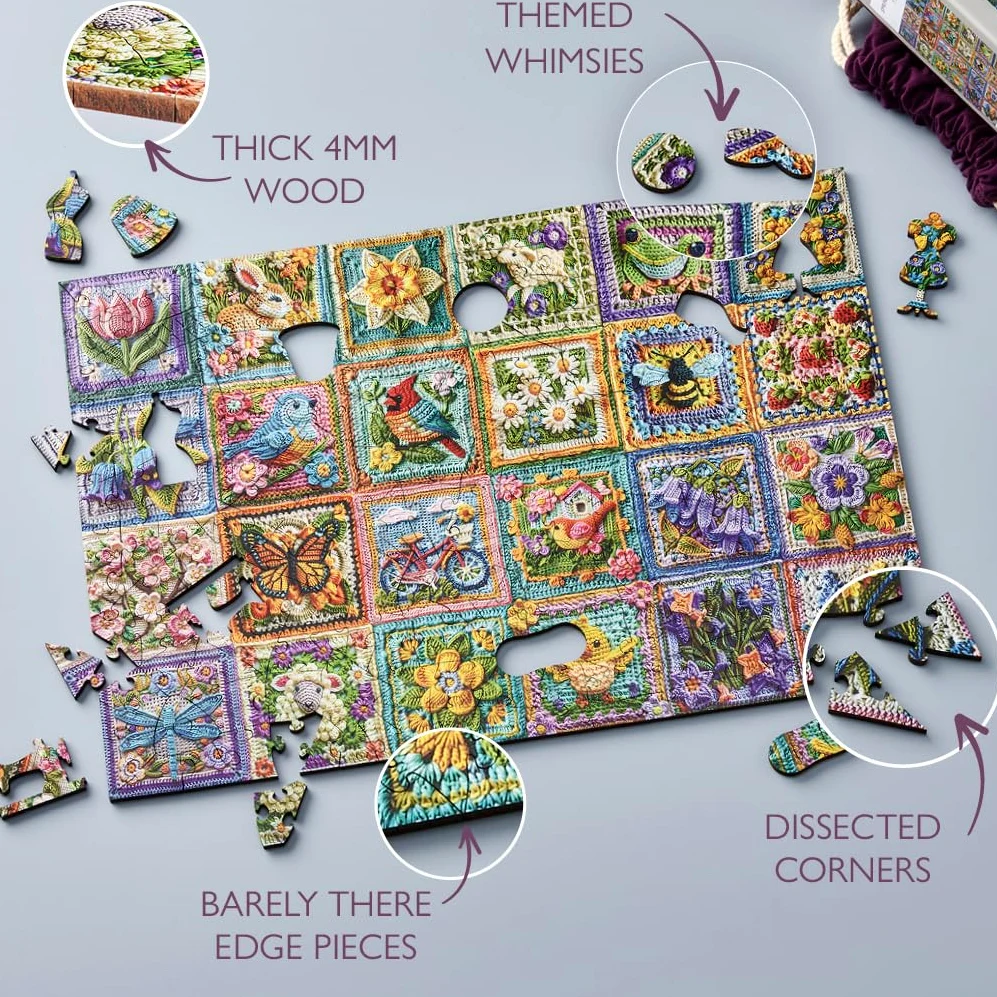 Wentworth Wooden Puzzles Springtime Crochet – Puzzle 250 pièces pour adulte, pièces irrégulières, design Jessica White pour les amateurs d'animaux et de crotchets, bois provenant de sources durables