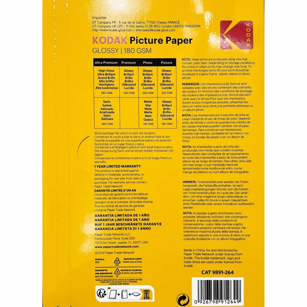 KODAK Picture Paper Papier Photo Brillant A4 180g/m² 50 Feuilles Jet d'Encre