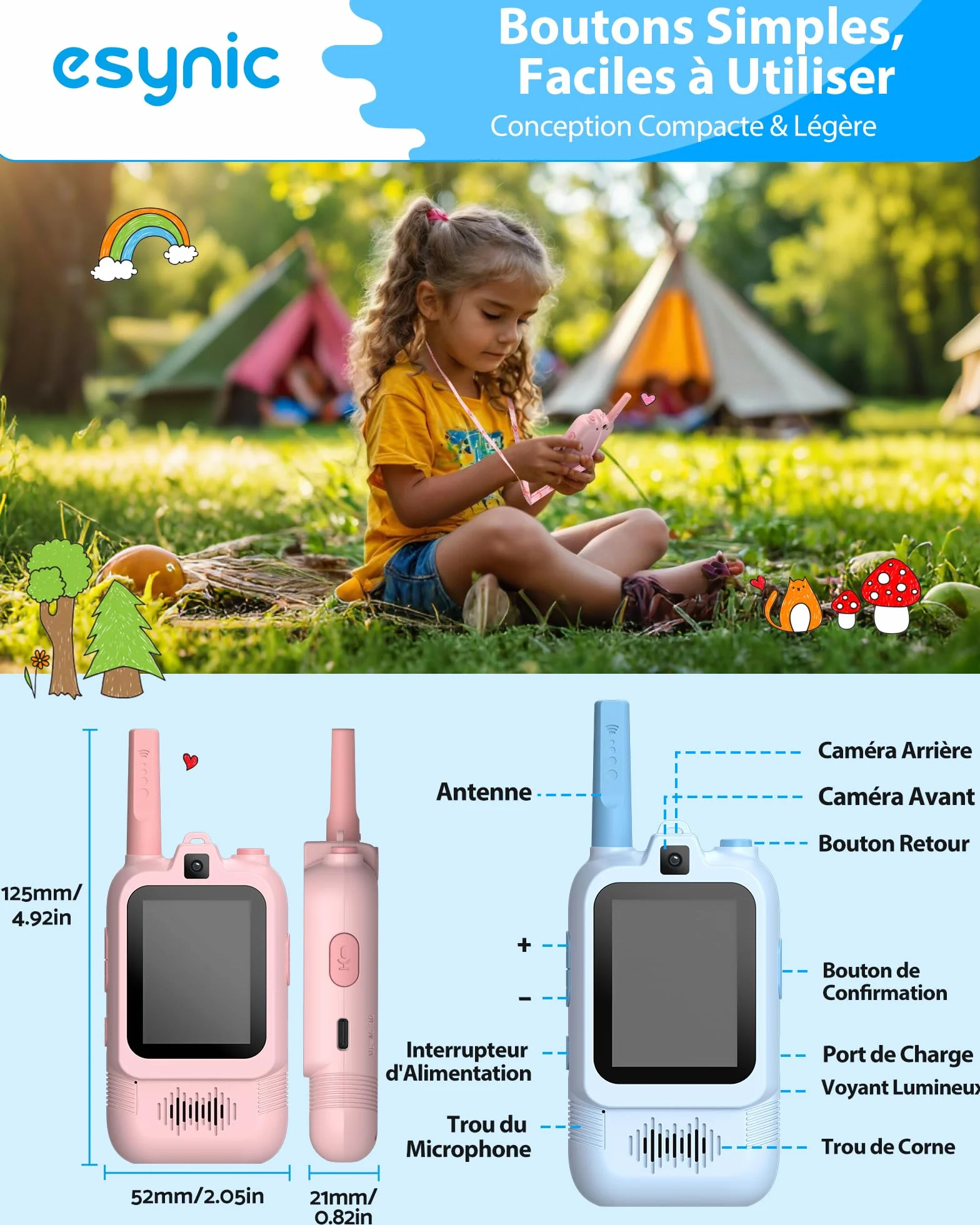 eSynic Talkie Walkie Enfants Double Caméra Appels Vidéo Portée 500m Rechargeable Rose+Bleu