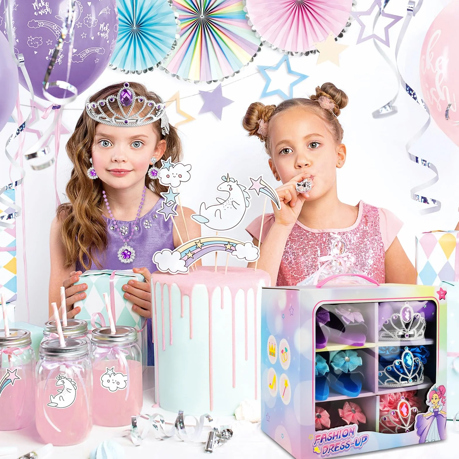 Fille Robe Princesse avec 3 Paires Chaussures Talon Enfant, 3 Jupes, Couronne, Collier, Cadeaux Halloween Noël
