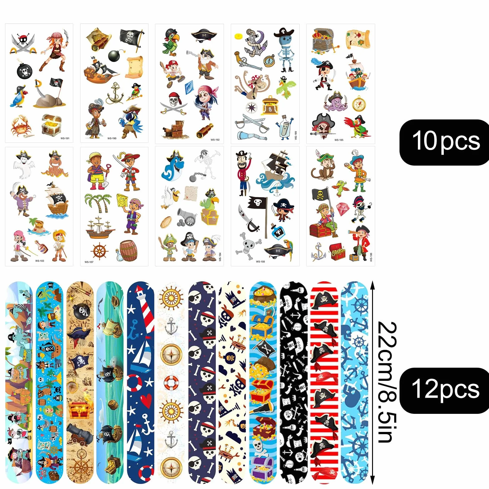 Lot de 22 accessoires de pirate - Bracelets de tatouage pour anniversaire enfant