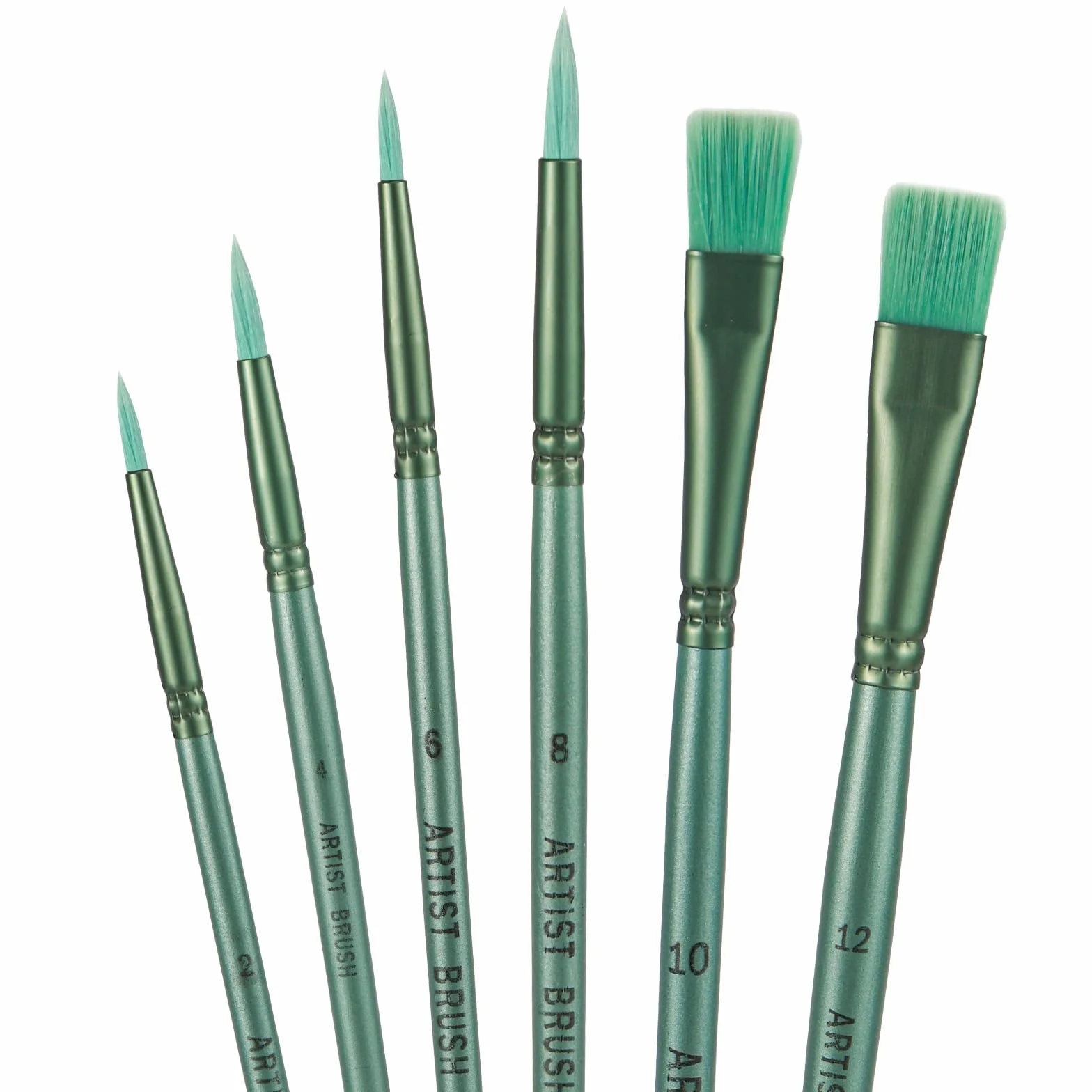 Lot de 6 Pinceaux Acryliques Professionnels Poils Nylon pour Peinture Huile Aquarelle Gouache Détails Fins Traits Larges Débutants Pros Vert