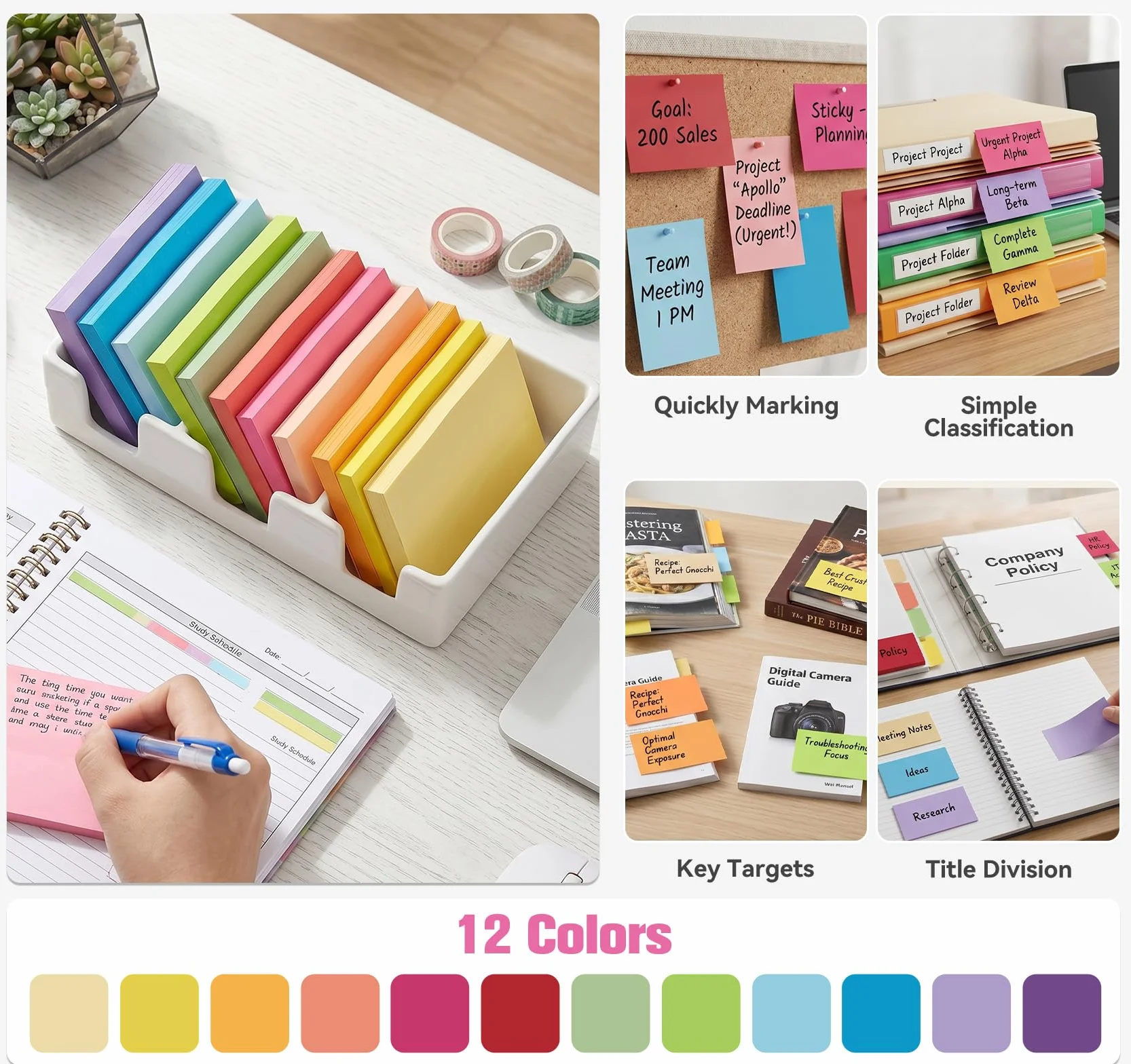 Agoer 1200 Notes Sticky Notes Lot de 12 Blocs Autocollantes 76 x 127 mm 100 Feuilles par Bloc 12 Couleurs