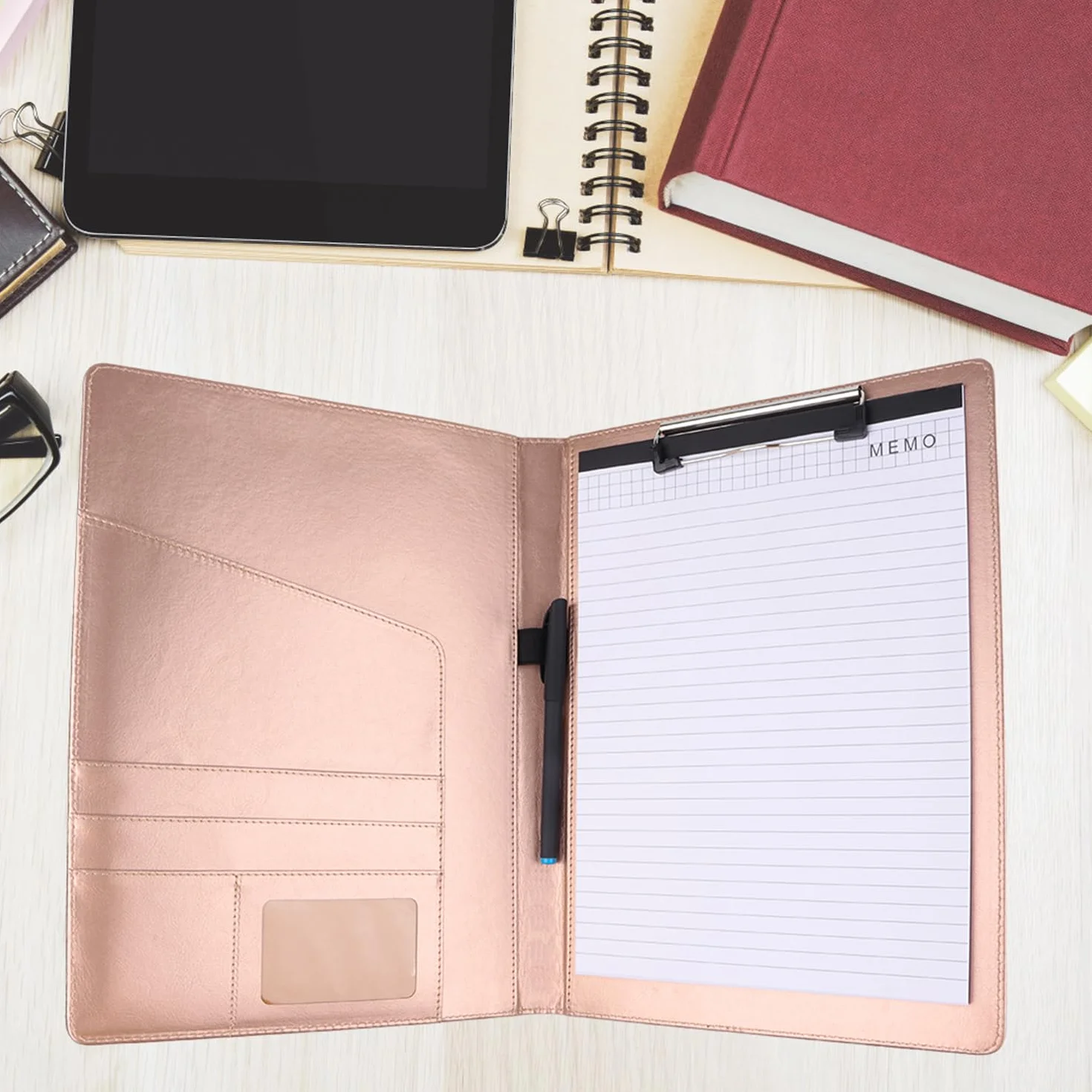 Porte-documents GES A4 en cuir avec pince-notes pour CV entreprise école bureau conférence (Or rose)