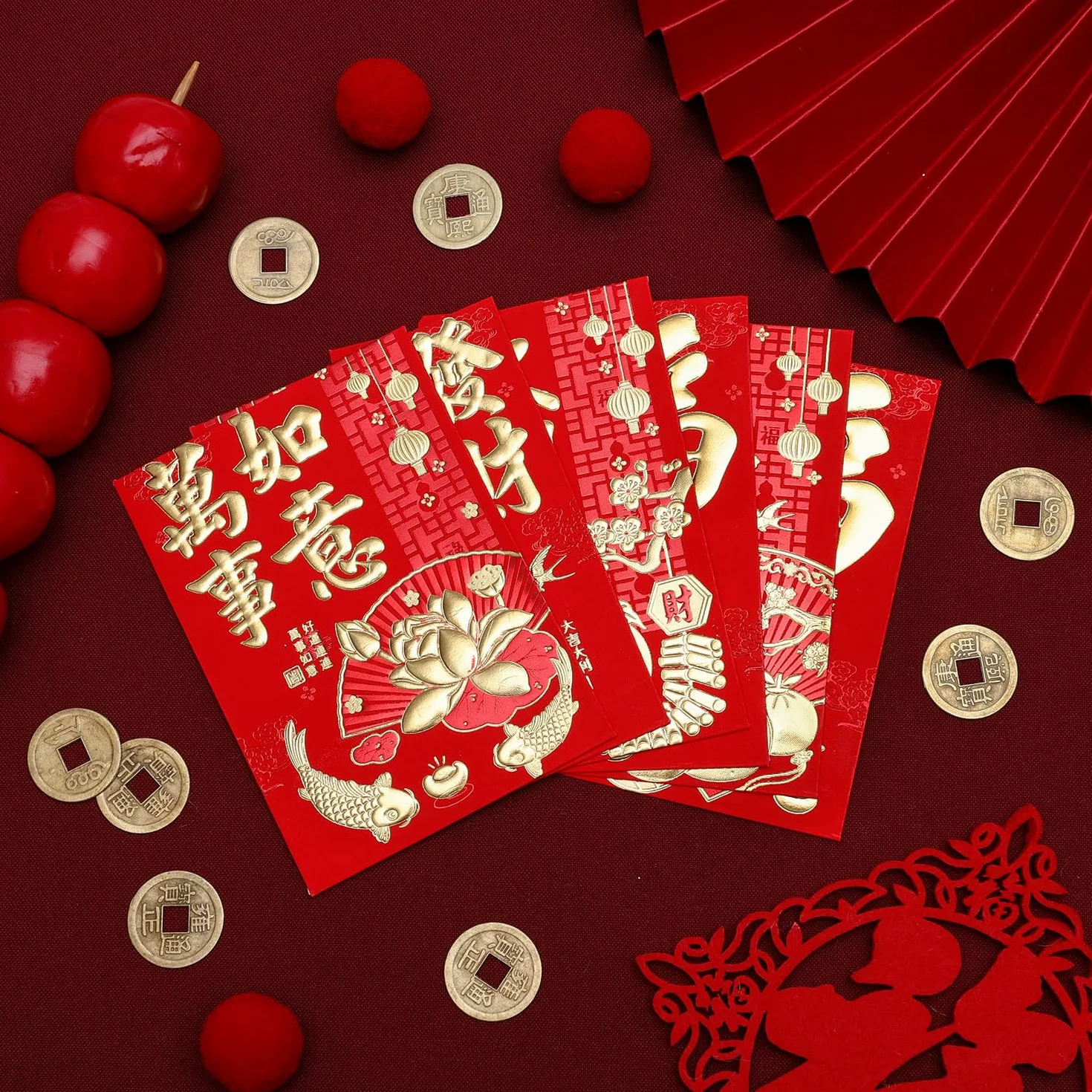 Hong Bao Enveloppes Rouges Nouvel An Chinois 11,5x8cm 36pcs Monnaie Cuivre 50pcs Feng Shui