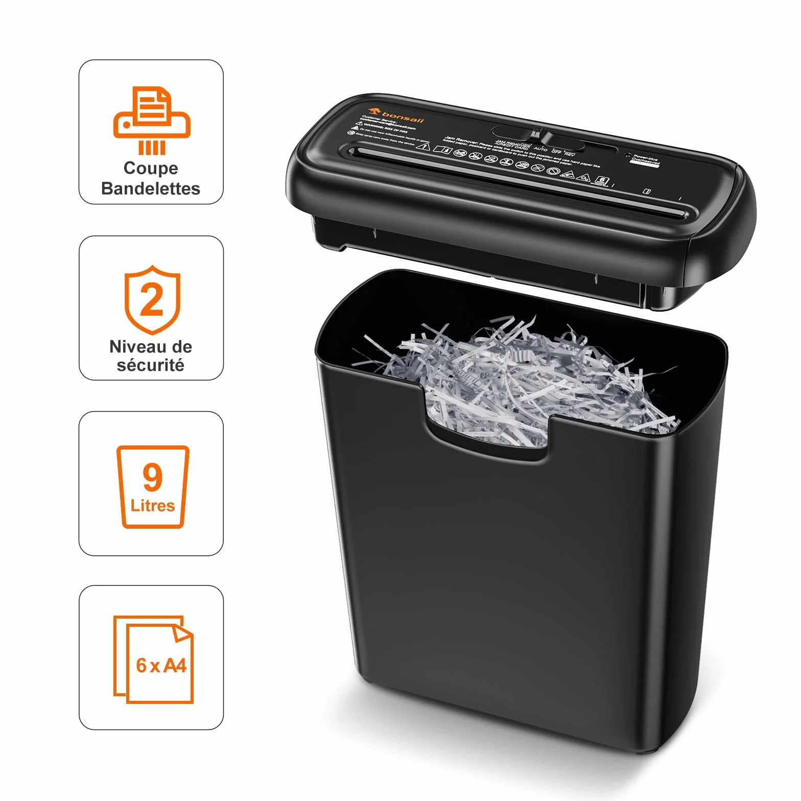 Bonsaii Destructeur de Documents Bras télescopique, déchiqueteuse Coupe en Bandes, 6 Feuilles, 9 litres, Niveau sécurité P2
