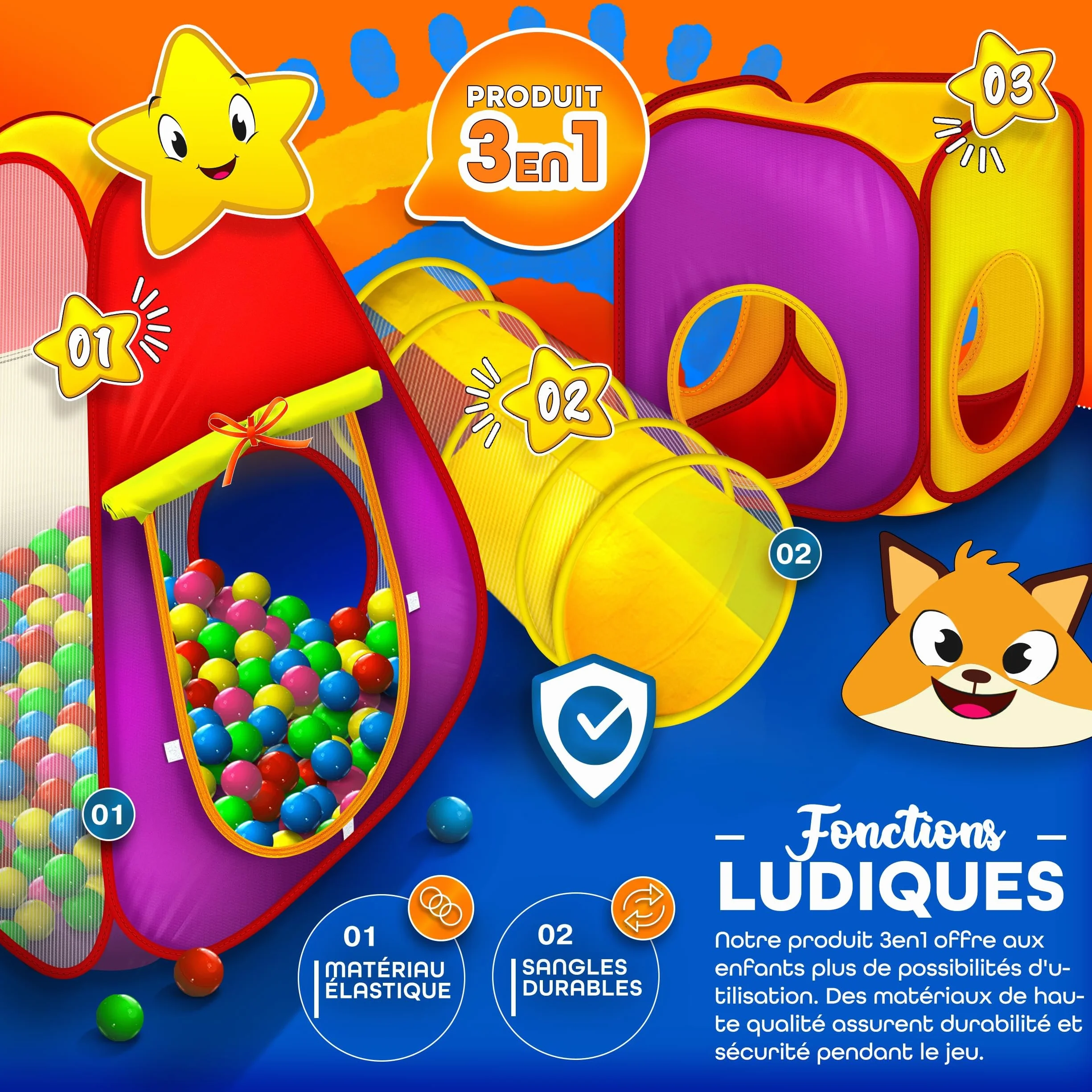KIDUKU Tente de Jeu 3 éléments avec 200 balles et étui de Transport