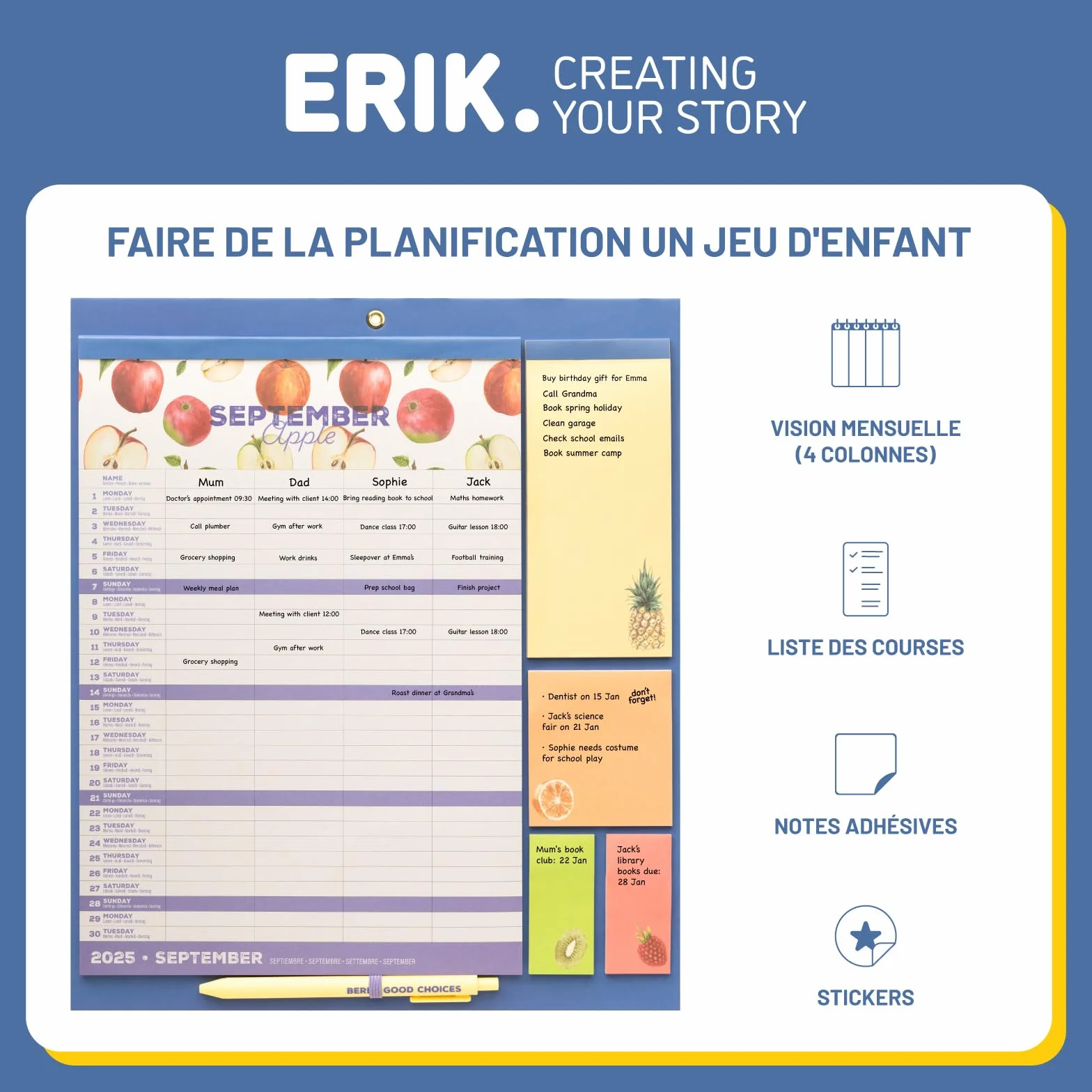 Calendrier Magnétique Frigo Fruits 2025-2026 | Planificateur Mensuel 16 mois Grupo Erik