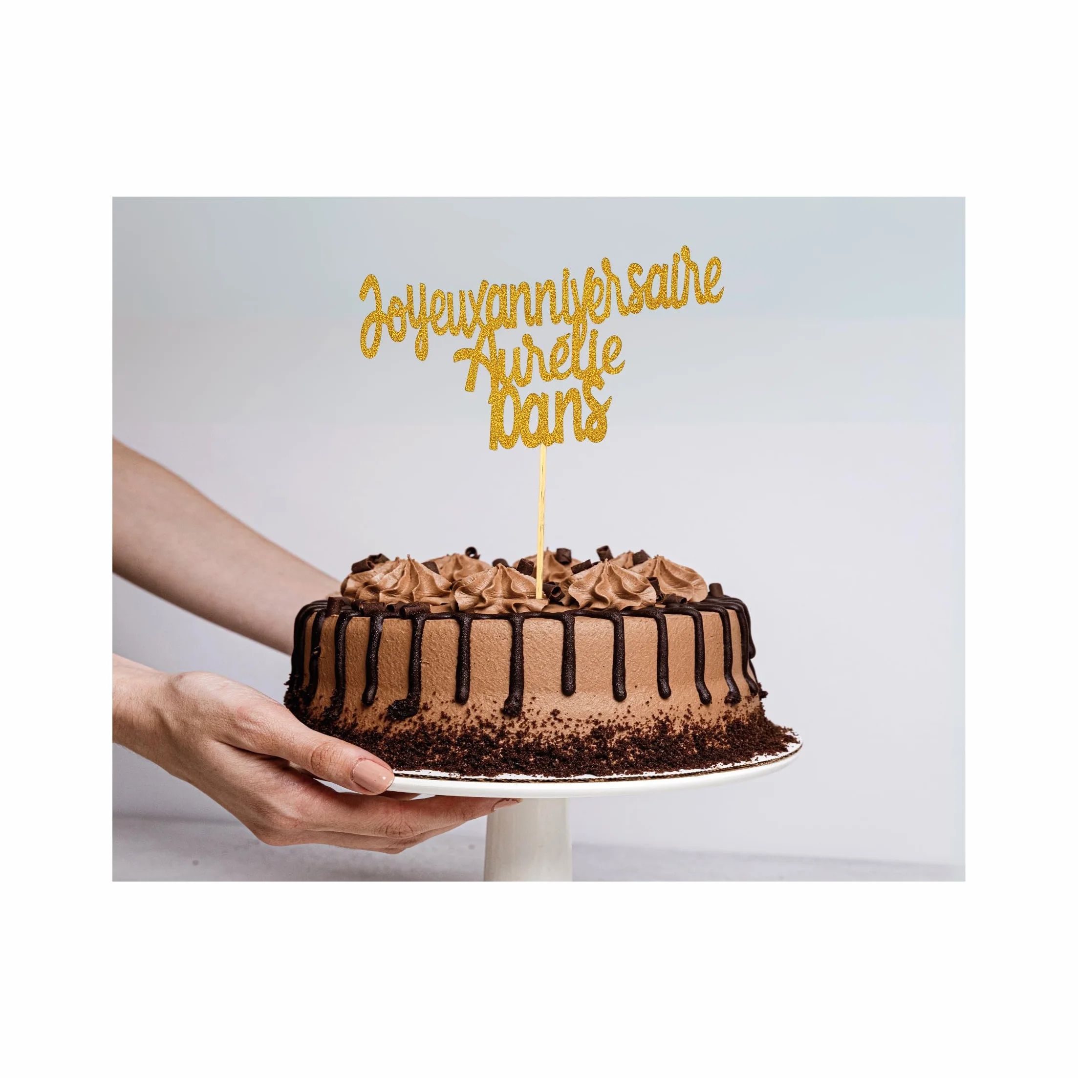 Cake Topper Joyeux Anniversaire Personnalisé Doré Pailleté Recto Verso Décoration Gâteau Anniversaire