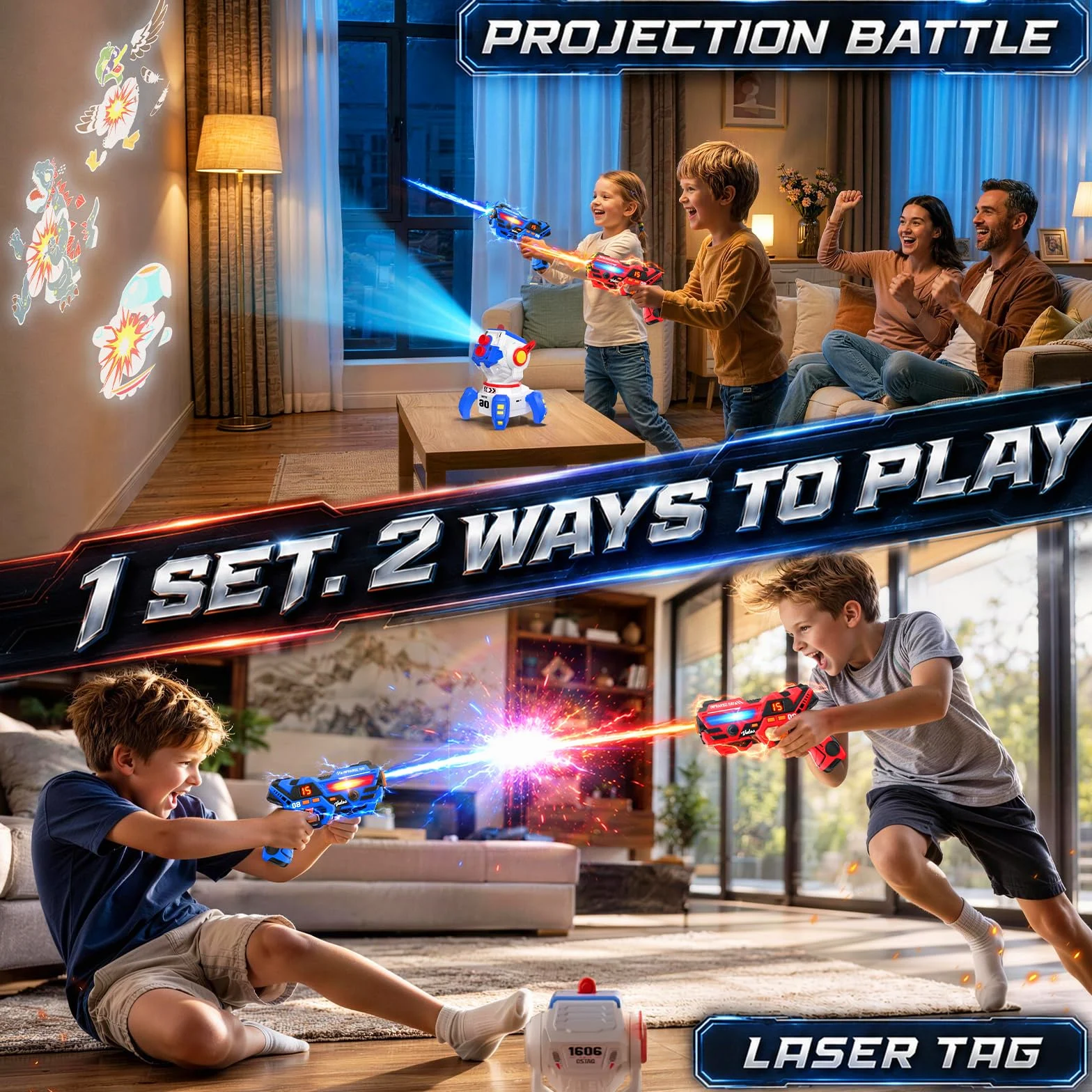 VATOS Set Laser Tag Rechargeable 2 Joueurs, Pistolets Laser Infrarouges et Projection Interactive (Écran LED + 3 Cartes Cibles), Jeu Laser Intérieur/Extérieur pour Enfants, Ados et Famille dès 6 Ans
