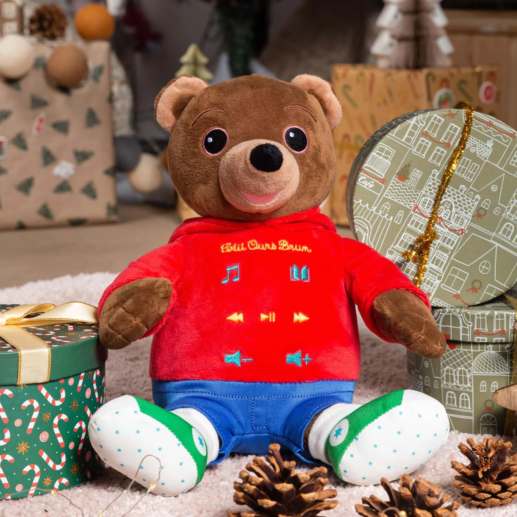 Peluche Interactive Petit Ours Brun 50 Ans 28 cm Marron Rouge Boîte Cadeau Version FR