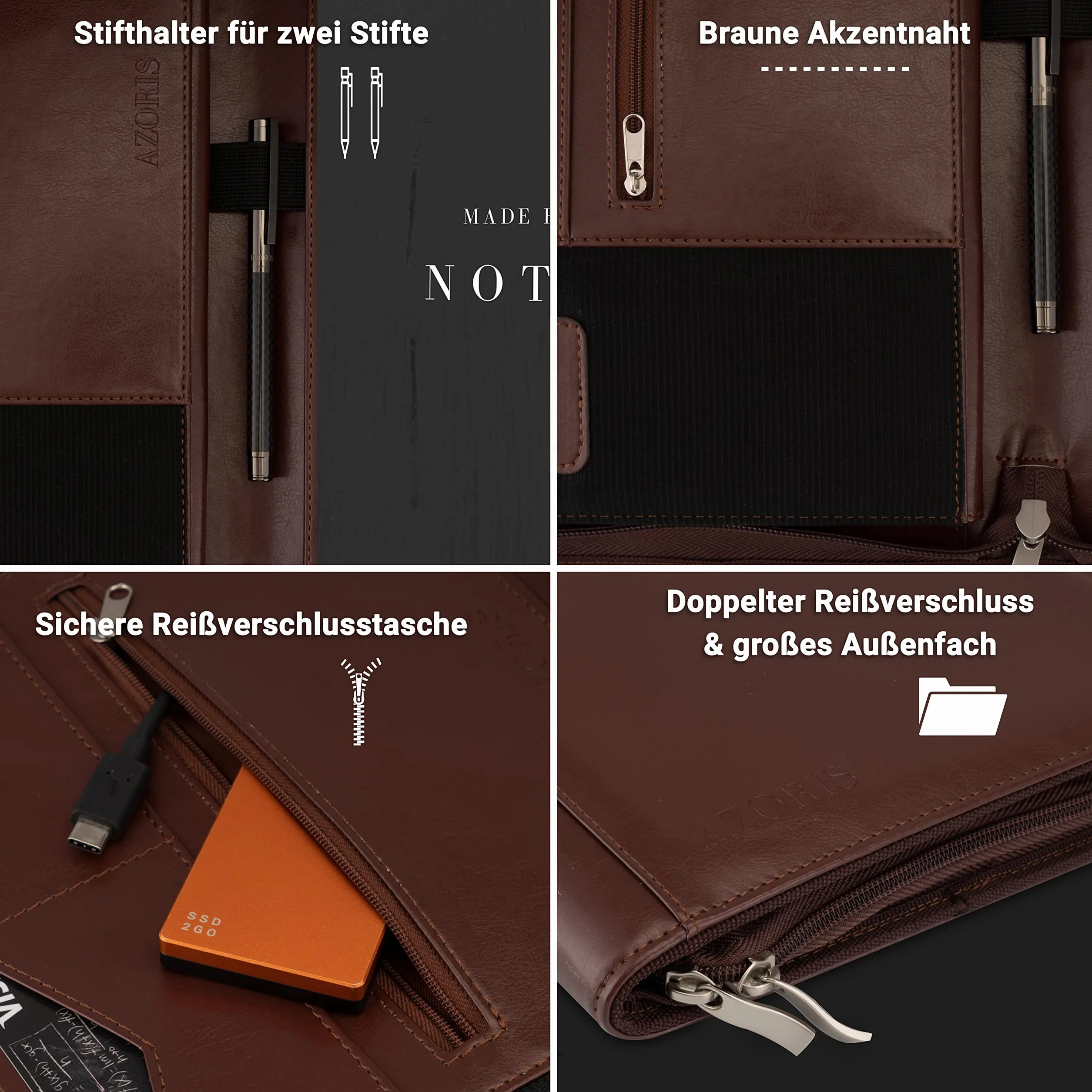 Classeur A4 Premium cuir synthétique double fermeture éclair compartiment 13 pouces tablette iPad professionnel conférence