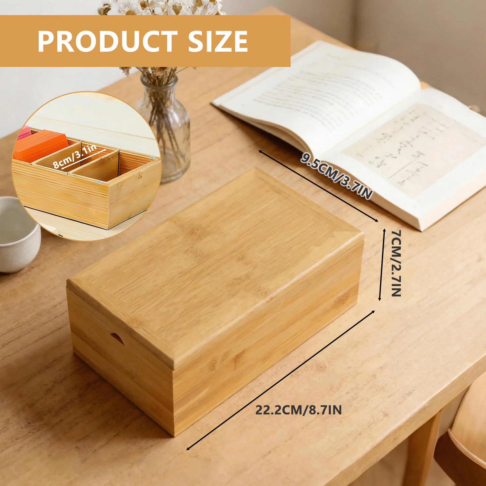 Boîte à Fiches en Bois 4 Compartiments Ajustables pour Fiches A8 22.2x9.5x7cm