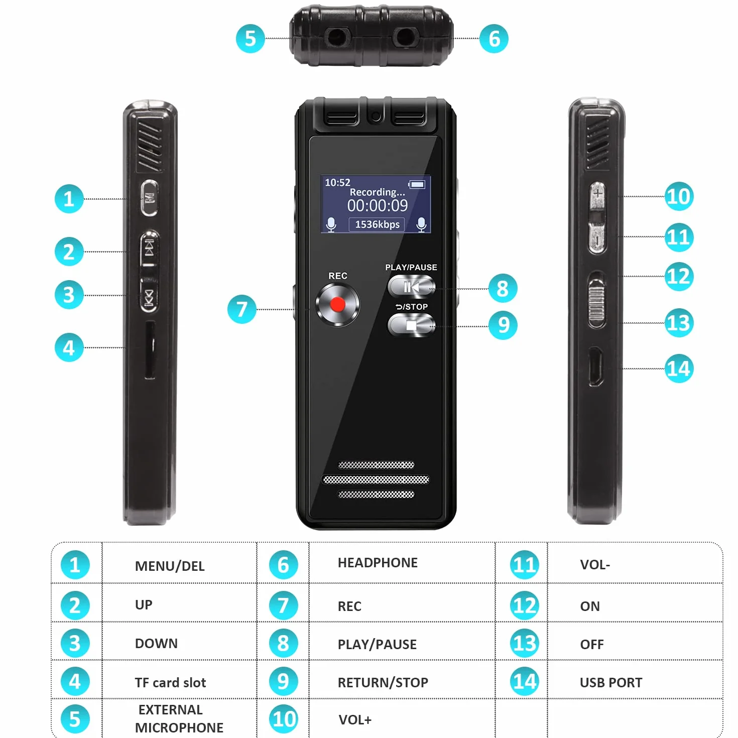 Aiworth Enregistreur Numérique à Commande Vocale 16 Go HD 3072 Kbps avec Microphone et Mot de Passe