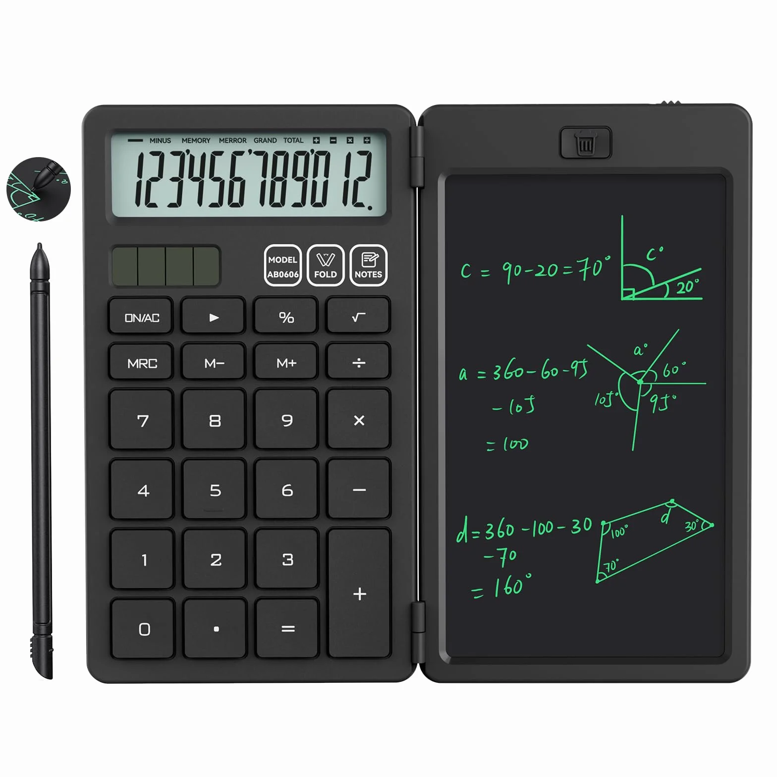 NEWYES Calculatrice avec Tablette d'Écriture, Portable pour Élèves Primaire et Collège, Noir
