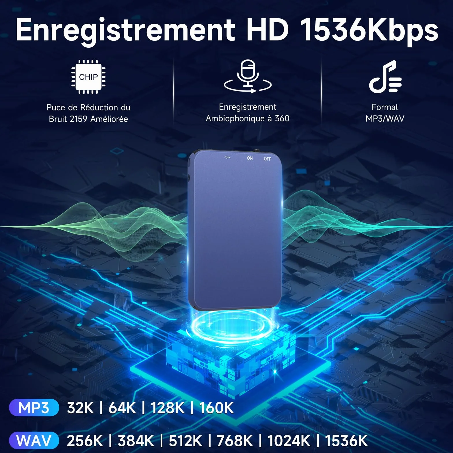 Vormooi Dictaphone Enregistreur Vocal 64Go, Numérique Autonomie 40 Heures 0,6 cm Ultra-Fin