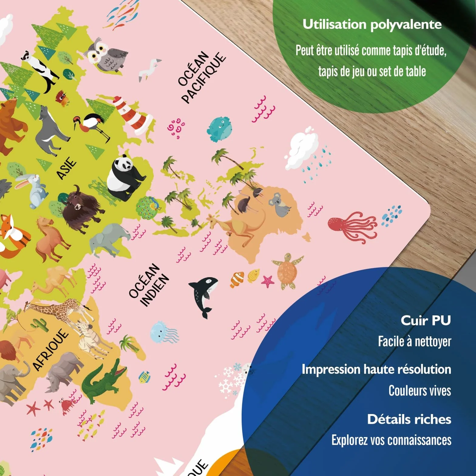 Carte du Monde Animaux Rose Français Sous-main Enfant 40x60cm Tapis Bureau Imperméable Cuir PU Double Face Effaçable
