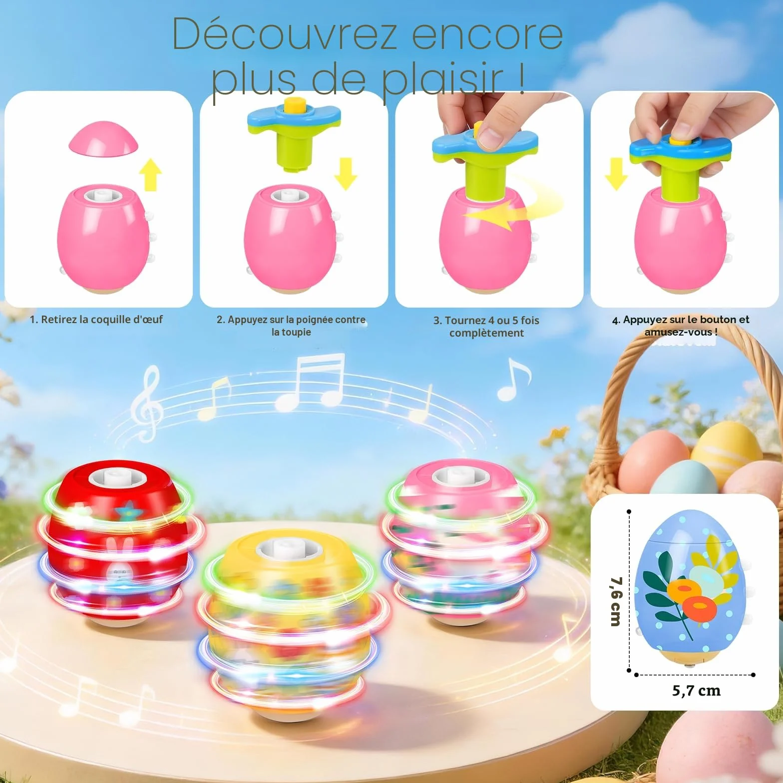 Toupies à Œufs de Pâques Jouets avec Lumières et Musique, 5 Oeufs Spinning, Cadeau Pâques Enfant 3-10 Ans