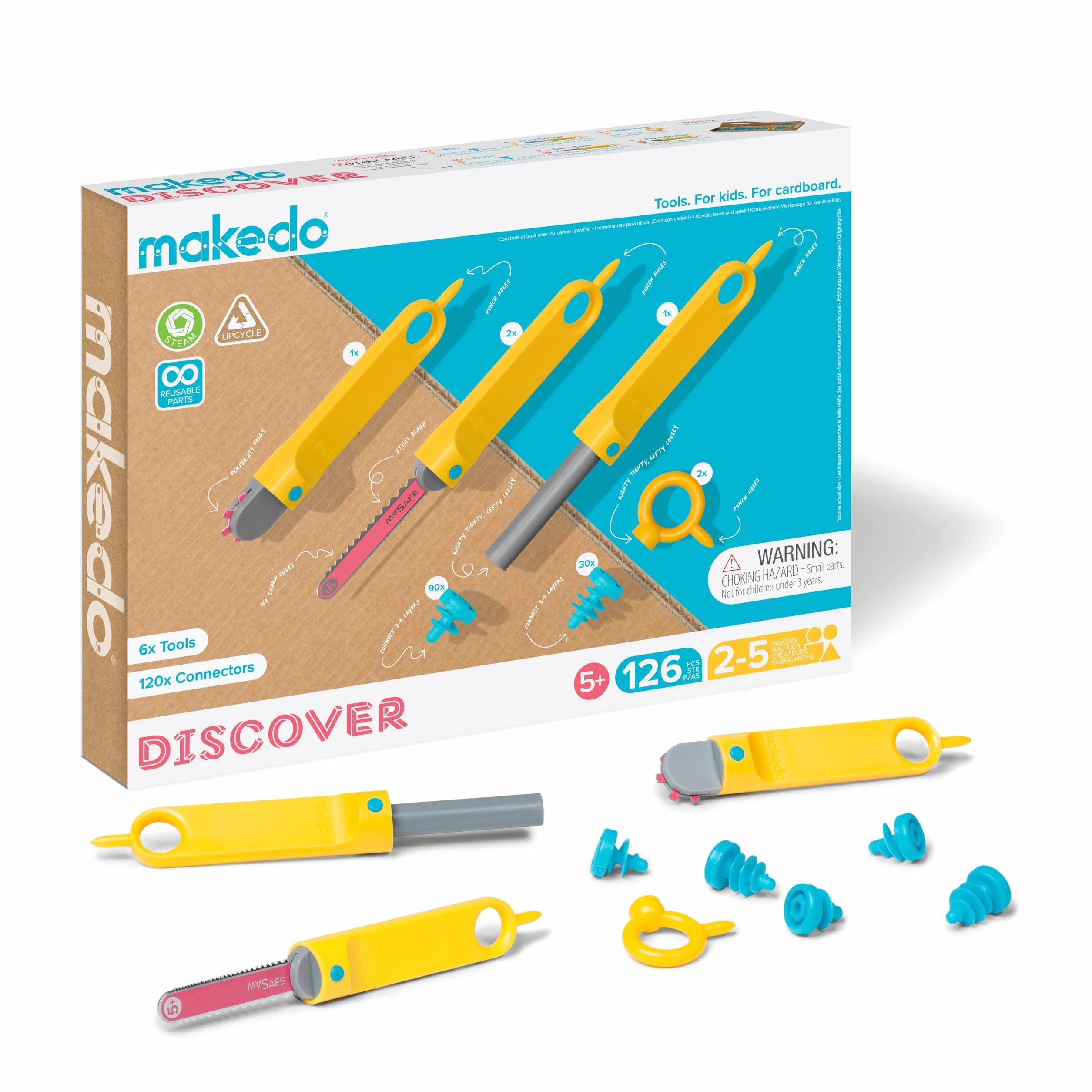 Makedo Discover Coffret d'outils de Construction en Carton recyclé 126 pièces Jouets éducatifs STEM Steam