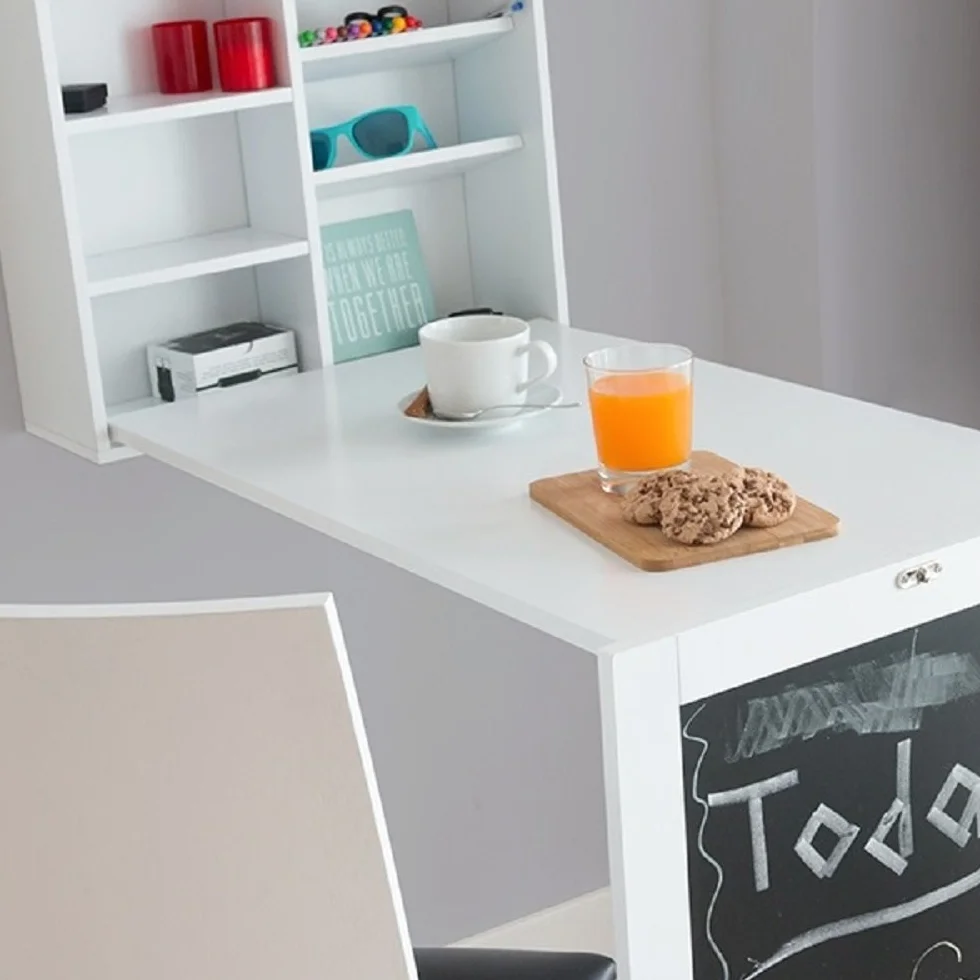 Bureau Mural Pliable en Bois Blanc avec Ardoise et Panneau Liège 50x80x18 cm (plié) 50x155x93 cm (déplié)
