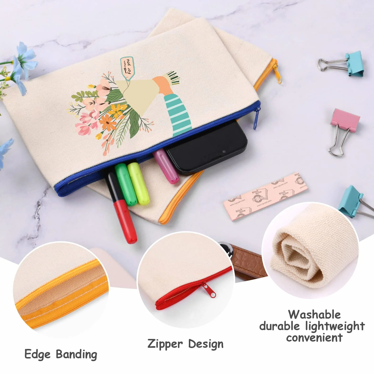 Vicloon Pochette Tissu Zippée 12pcs Trousse de Maquillage en Toile Personnalisable 21x12cm Beige