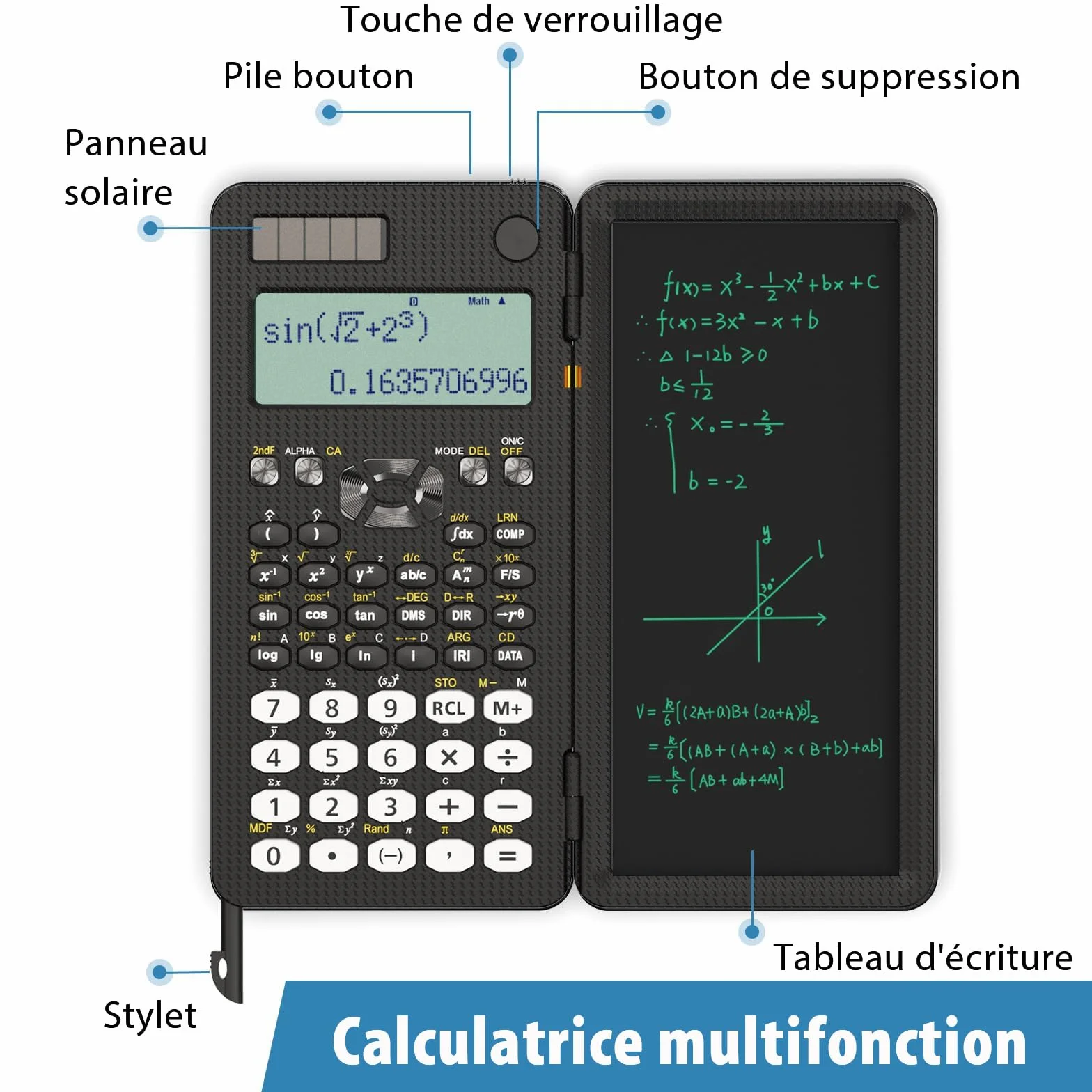 Calculatrice scientifique ROATEE 82MS Plus avec tablette d'écriture LCD effaçable, double alimentation solaire et batterie