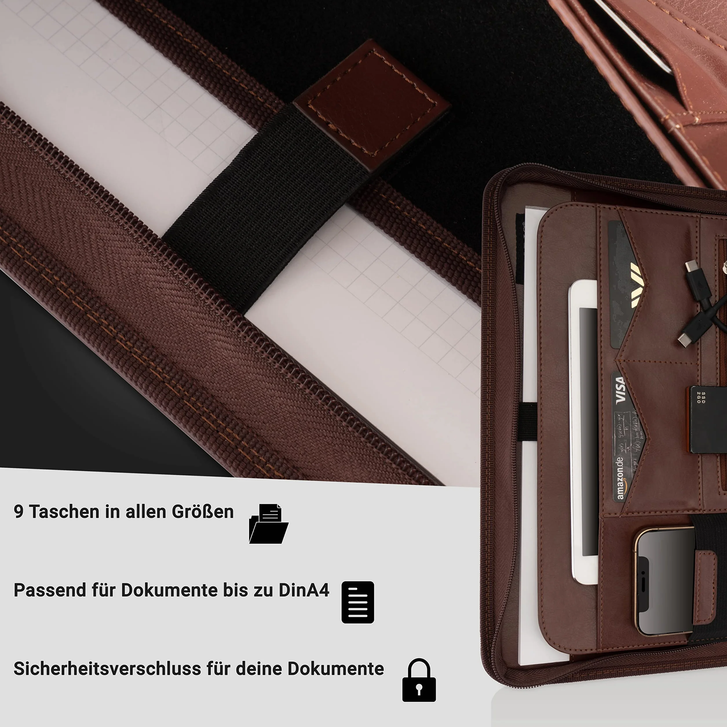 Classeur A4 Premium cuir synthétique double fermeture éclair compartiment 13 pouces tablette iPad professionnel conférence