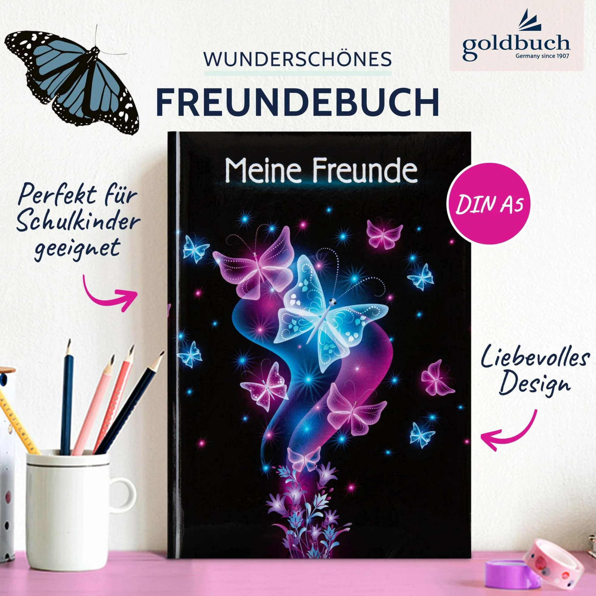 Goldbuch Livre d'amitié A5 88 pages Motif papillon Noir/rose/bleu