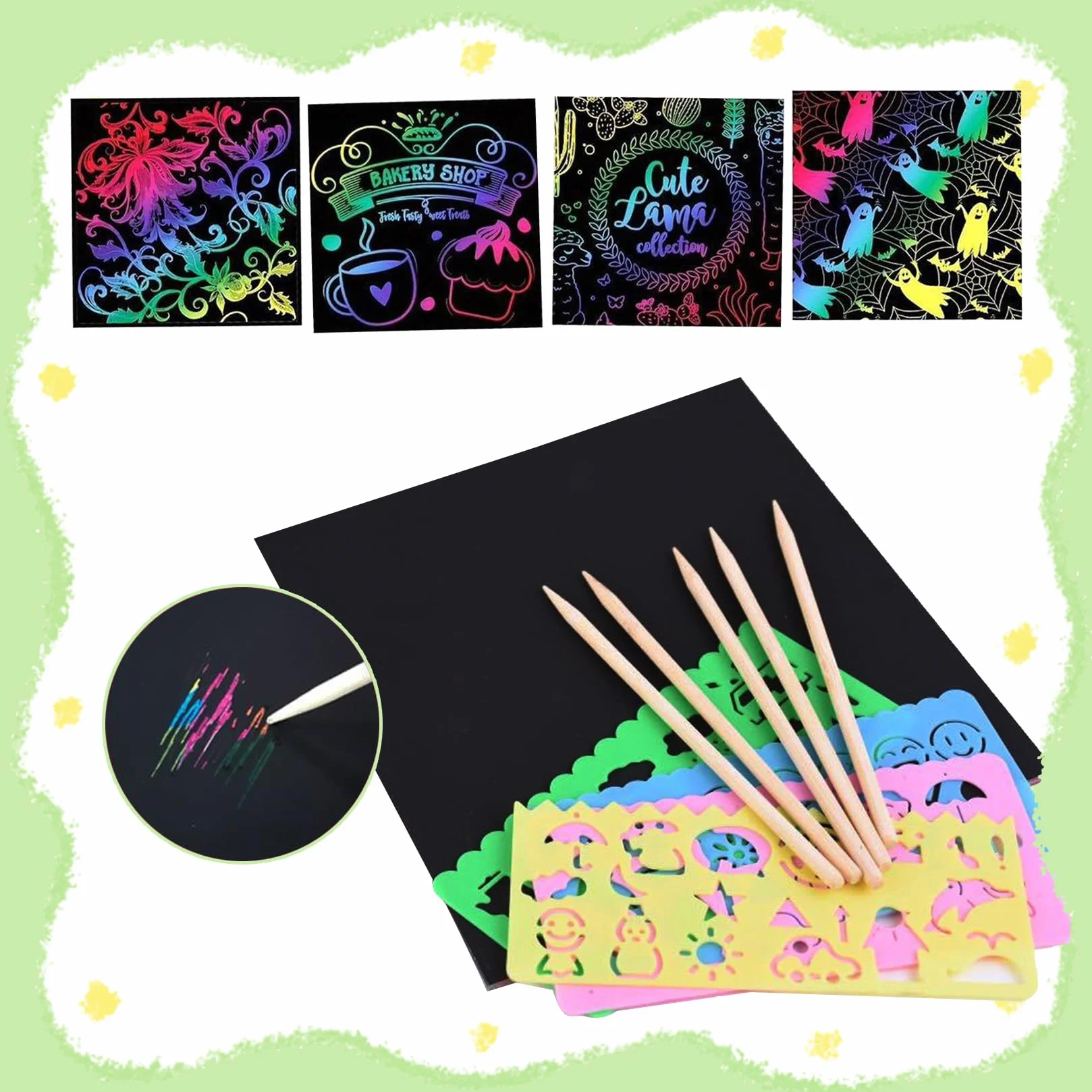 Set Carte à Gratter Enfant Arc-en-ciel 200 Pièces avec Crayons Bois et Pochoirs à Colorier 8.5x8.5 cm